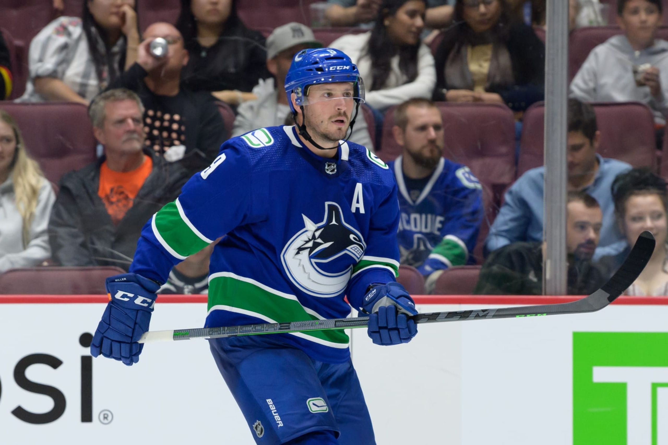 VANCOUVER, BC - SEPTEMBER 29: Vancouver Canucks center J.T. Miller (9) skates up ice during their preseason NHL game against the Seattle Kraken at Rogers Arena on September 29, 2022 in Vancouver, British Columbia, Canada. (Photo by Derek Cain/Icon Sportswire via Getty Images)