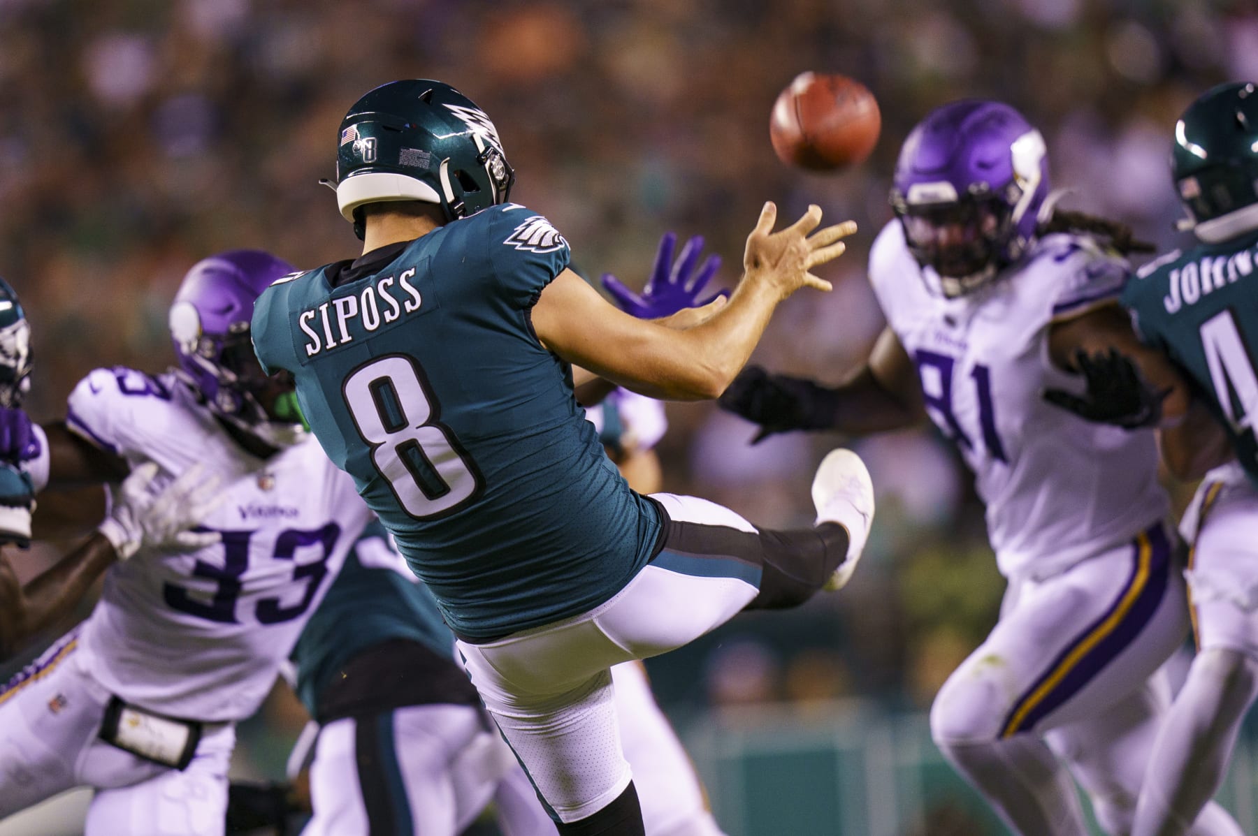 Philadelphia Eagles punter Arryn Siposs (8) puts the ball off during the NFL football game against the Minnesota Vikings, Monday, Sept. 19, 2022, in Philadelphia. (AP Photo/Chris Szagola)