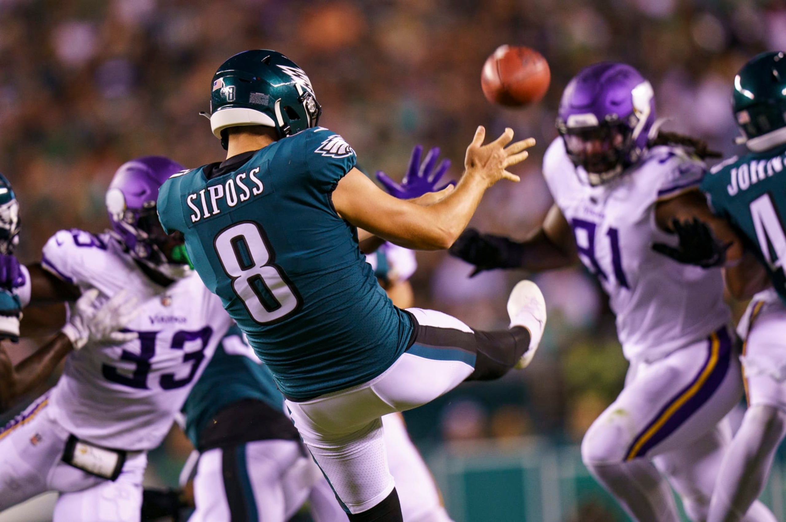 Philadelphia Eagles punter Arryn Siposs (8) puts the ball off during the NFL football game against the Minnesota Vikings, Monday, Sept. 19, 2022, in Philadelphia. (AP Photo/Chris Szagola)