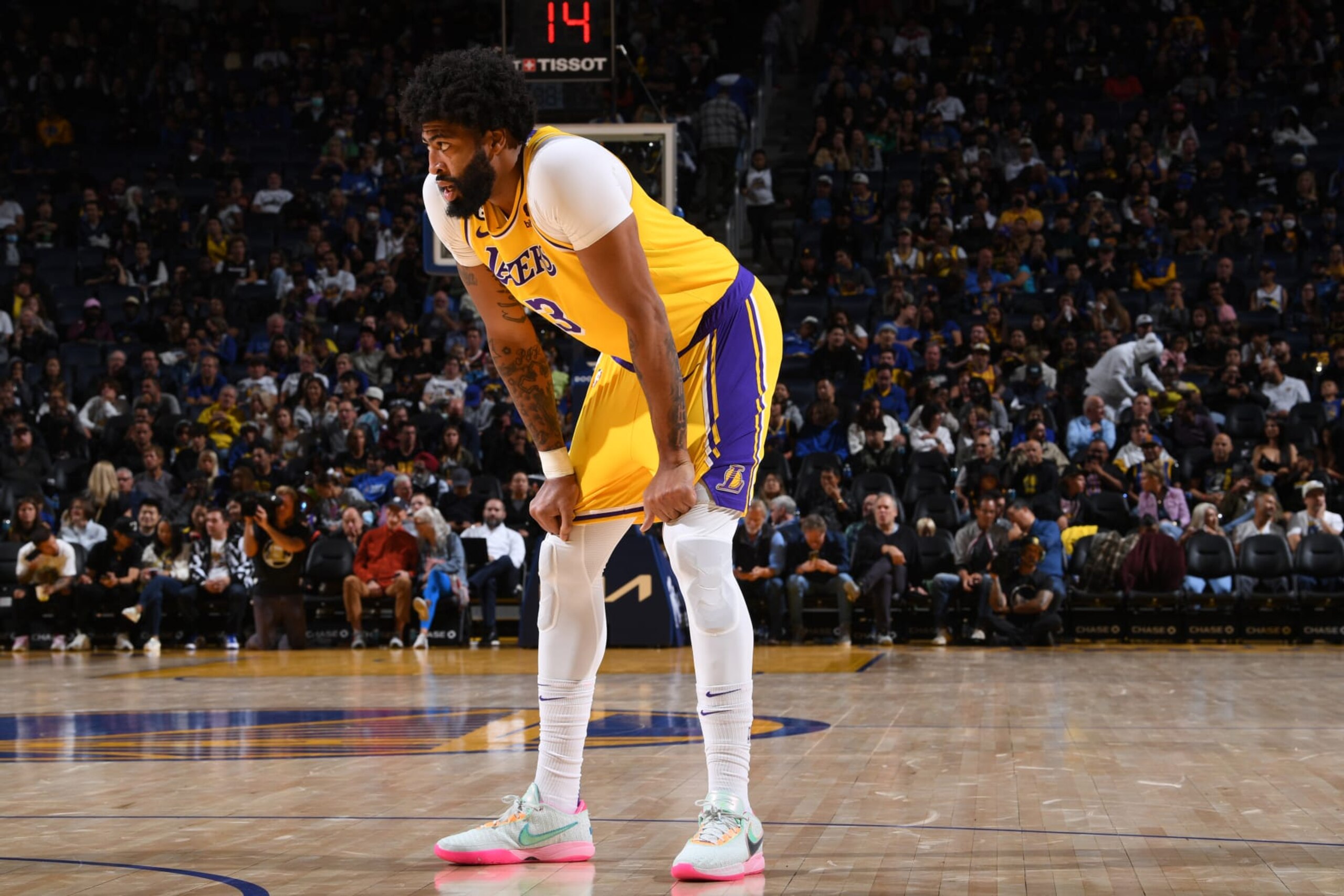 SAN FRANCISCO, CA - OCTOBER 9: Anthony Davis #3 of the Los Angeles Lakers looks on during the game against the Golden State Warriors on October 9, 2022 at Chase Center in San Francisco, California. NOTE TO USER: User expressly acknowledges and agrees that, by downloading and or using this photograph, user is consenting to the terms and conditions of Getty Images License Agreement. Mandatory Copyright Notice: Copyright 2022 NBAE (Photo by Noah Graham/NBAE via Getty Images)