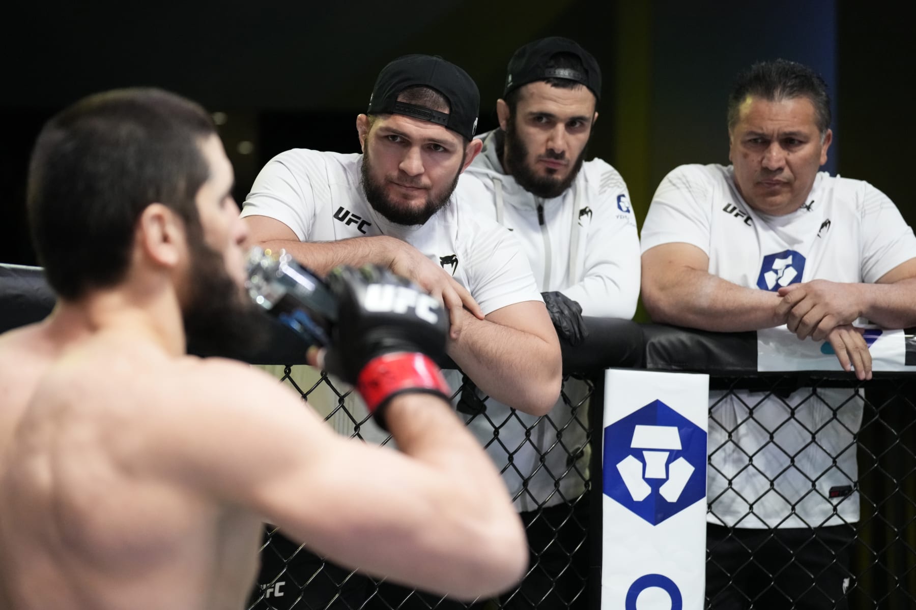 LAS VEGAS, NEVADA - FEBRUARY 26: Former UFC lightweight champion Khabib Nurmagomedov is seen in the corner of Islam Makhachev of Russia prior to his fight against Bobby Green during the UFC Fight Night event at UFC APEX on February 26, 2022 in Las Vegas, Nevada. (Photo by Chris Unger/Zuffa LLC)