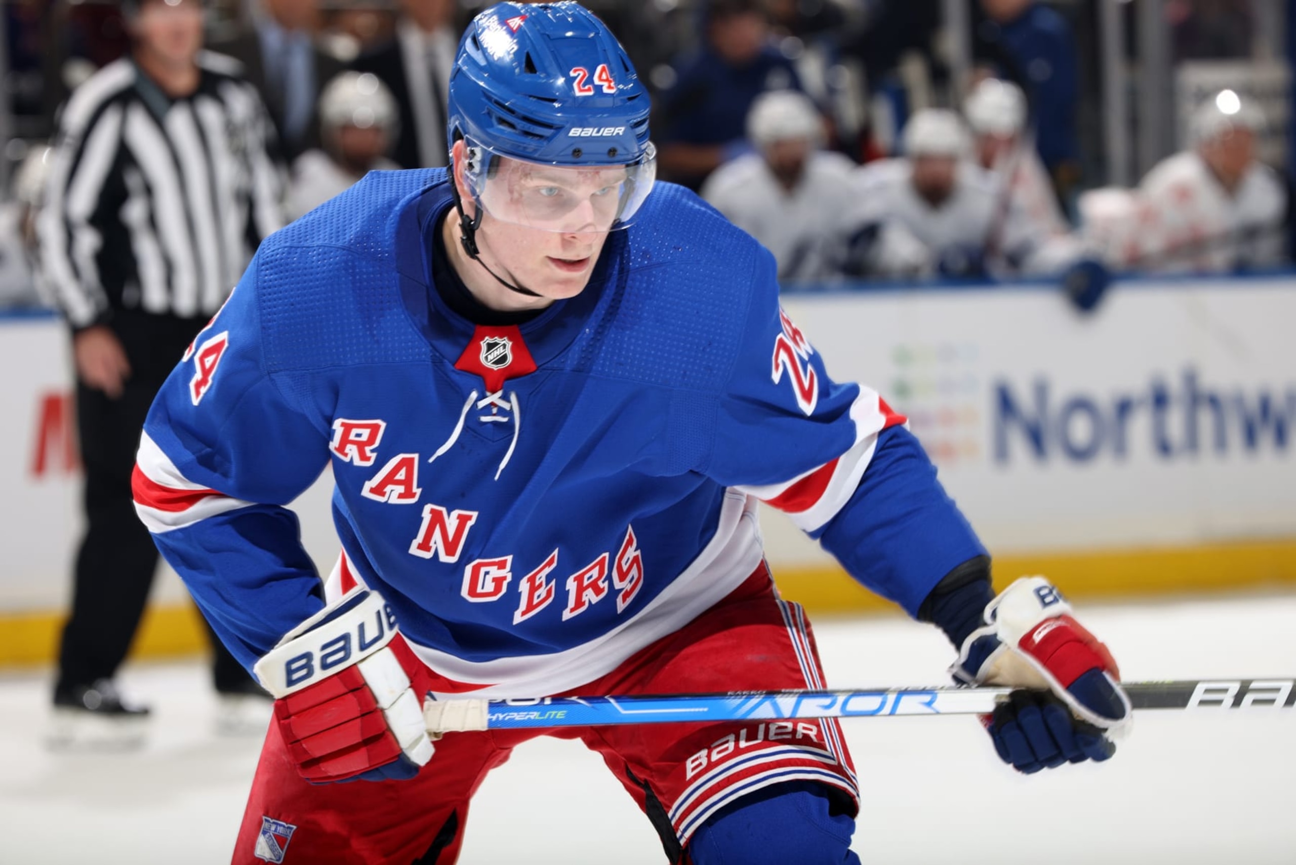 NEW YORK, NEW YORK - OCTOBER 11:  Kaapo Kakko #24 of the New York Rangers skates against the Tampa Bay Lightning at Madison Square Garden on October 11, 2022 in New York City. (Photo by Jared Silber/NHLI via Getty Images)
