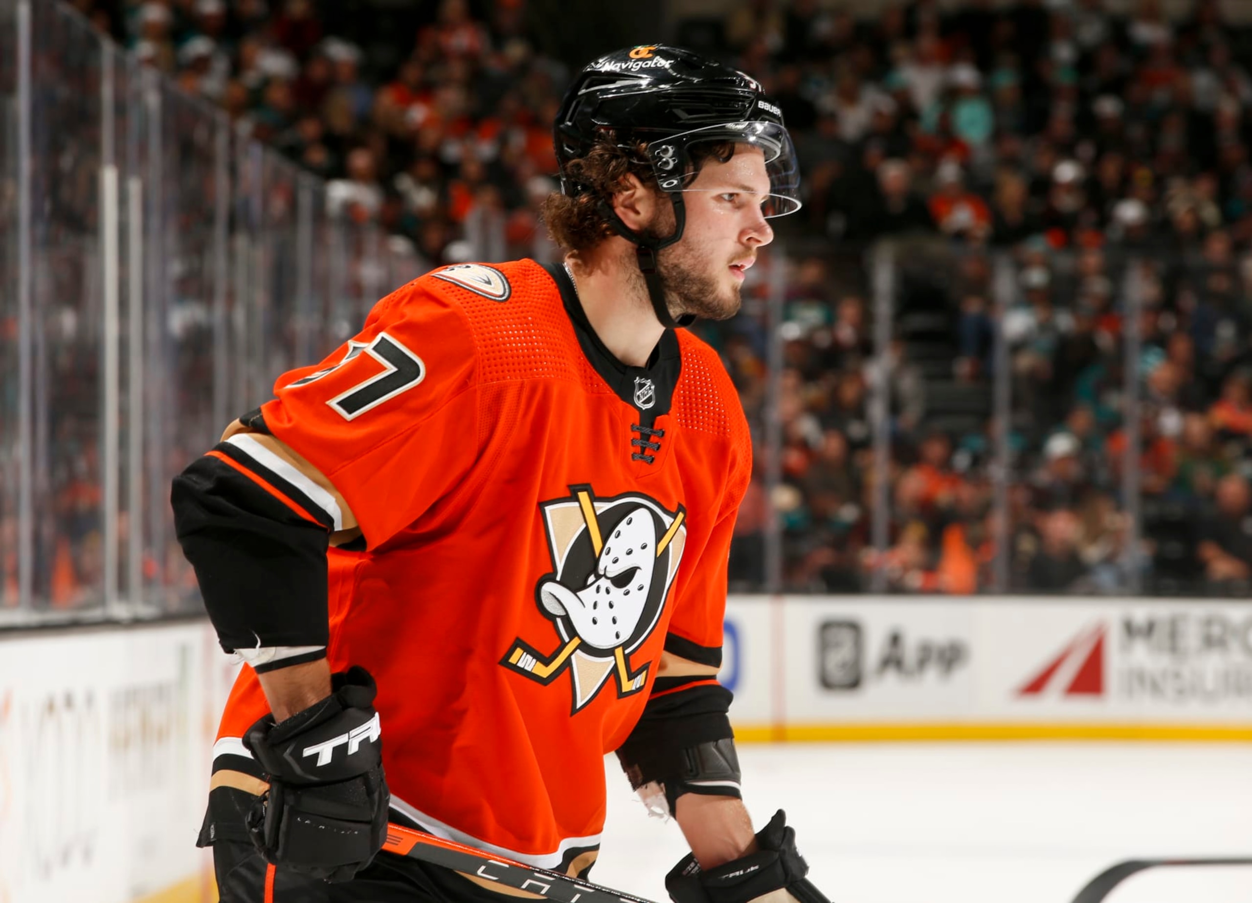 ANAHEIM, CA - OCTOBER 12:  Mason McTavish #37 of the Anaheim Ducks skates on the ice during the third period against the Seattle Kraken at Honda Center on October 12, 2022 in Anaheim, California. (Photo by Debora Robinson/NHLI via Getty Images)