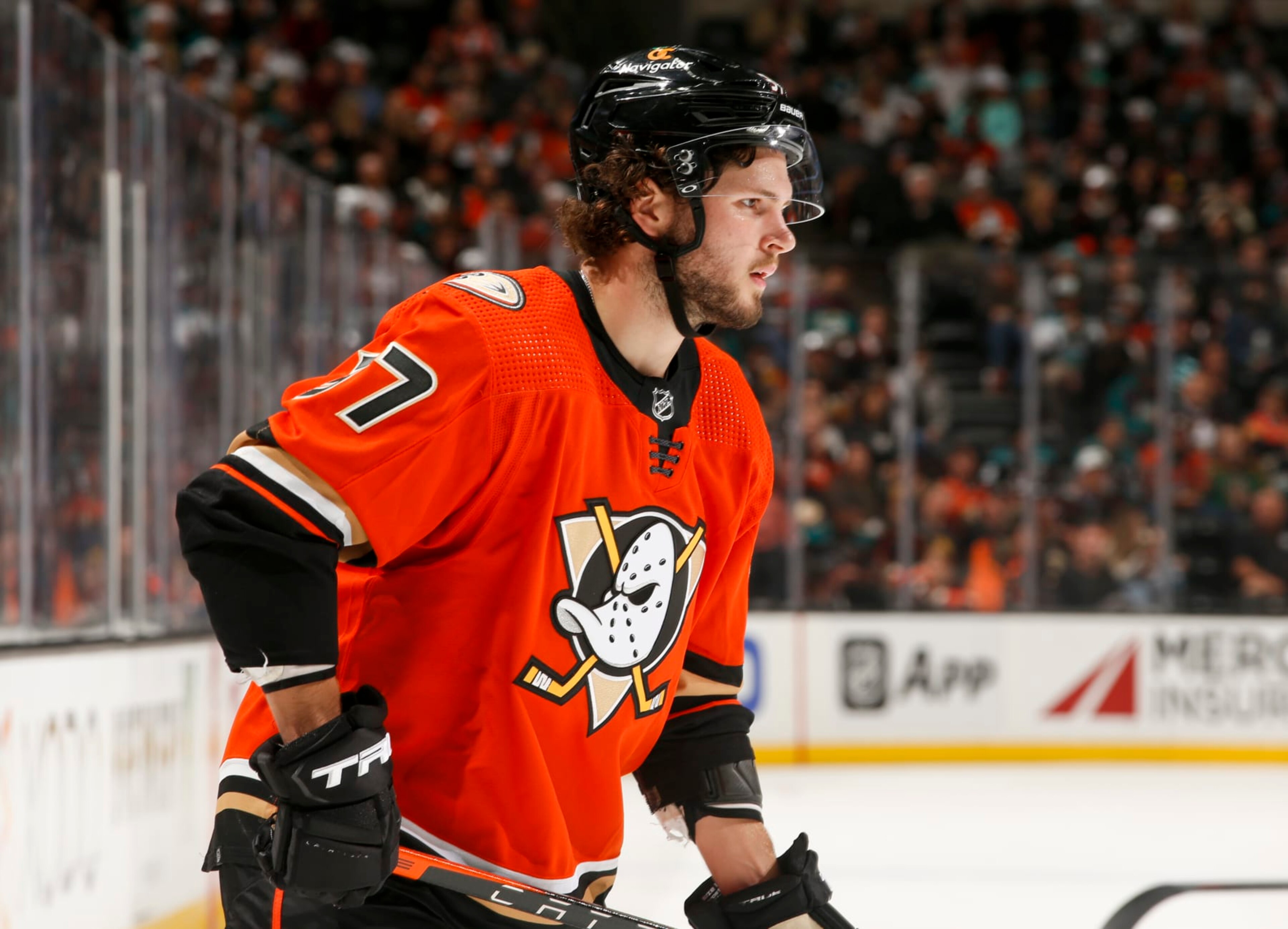 ANAHEIM, CA - OCTOBER 12:  Mason McTavish #37 of the Anaheim Ducks skates on the ice during the third period against the Seattle Kraken at Honda Center on October 12, 2022 in Anaheim, California. (Photo by Debora Robinson/NHLI via Getty Images)