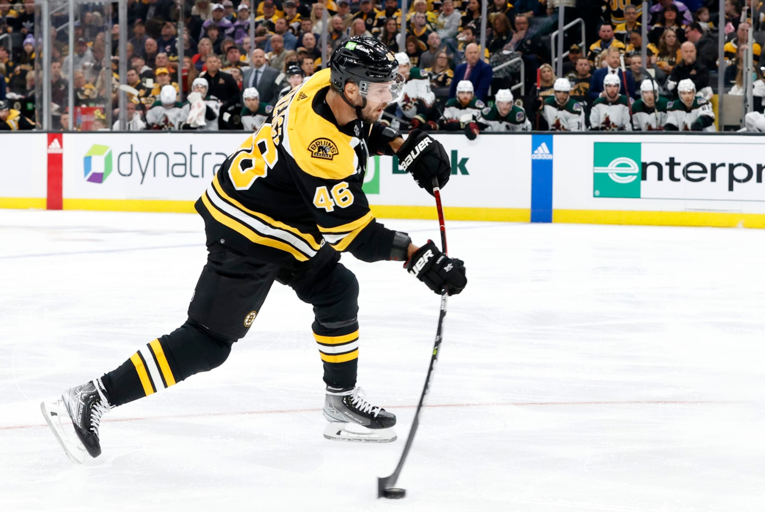 BOSTON, MA - OCTOBER 15: Boston Bruins center David Krejci (46) shoots during a game between the Boston Bruins and the Arizona Coyotes on October 15, 2022, at TD Garden in Boston, Massachusetts. (Photo by Fred Kfoury III/Icon Sportswire via Getty Images)
