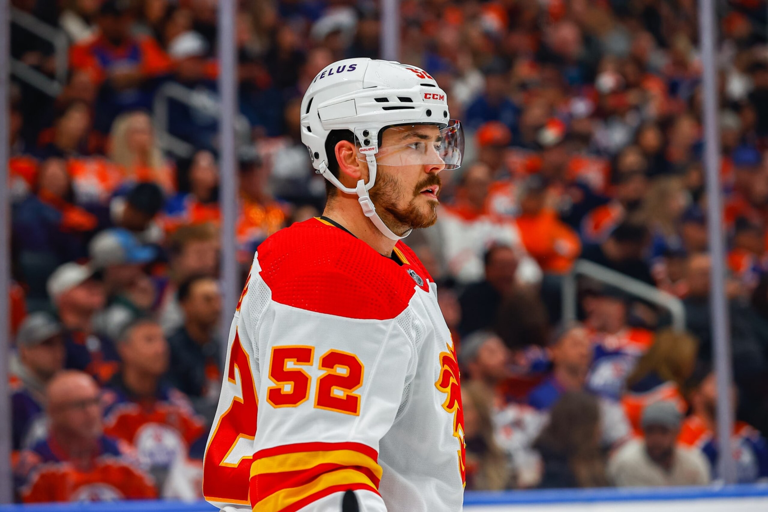 EDMONTON, AB - OCTOBER 15: Calgary Flames Defenceman MacKenzie Weegar (52) in action in the first period during the Edmonton Oilers game versus the Calgary Flames on October 15, 2022 at Rogers Place in Edmonton, AB. (Photo by Curtis Comeau/Icon Sportswire via Getty Images)