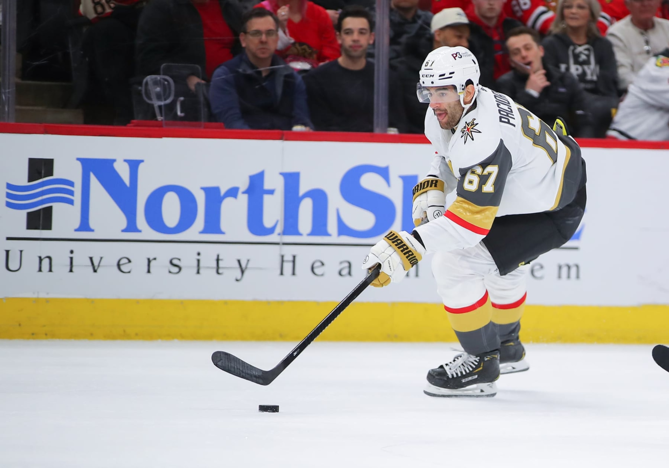 CHICAGO, IL - APRIL 27: Vegas Golden Knights left wing Max Pacioretty (67) skates with the puck in action during a game between the Vegas Golden Knights and the Chicago Blackhawks on April 27, 2022 at the United Center in Chicago, IL. (Photo by Melissa Tamez/Icon Sportswire via Getty Images)