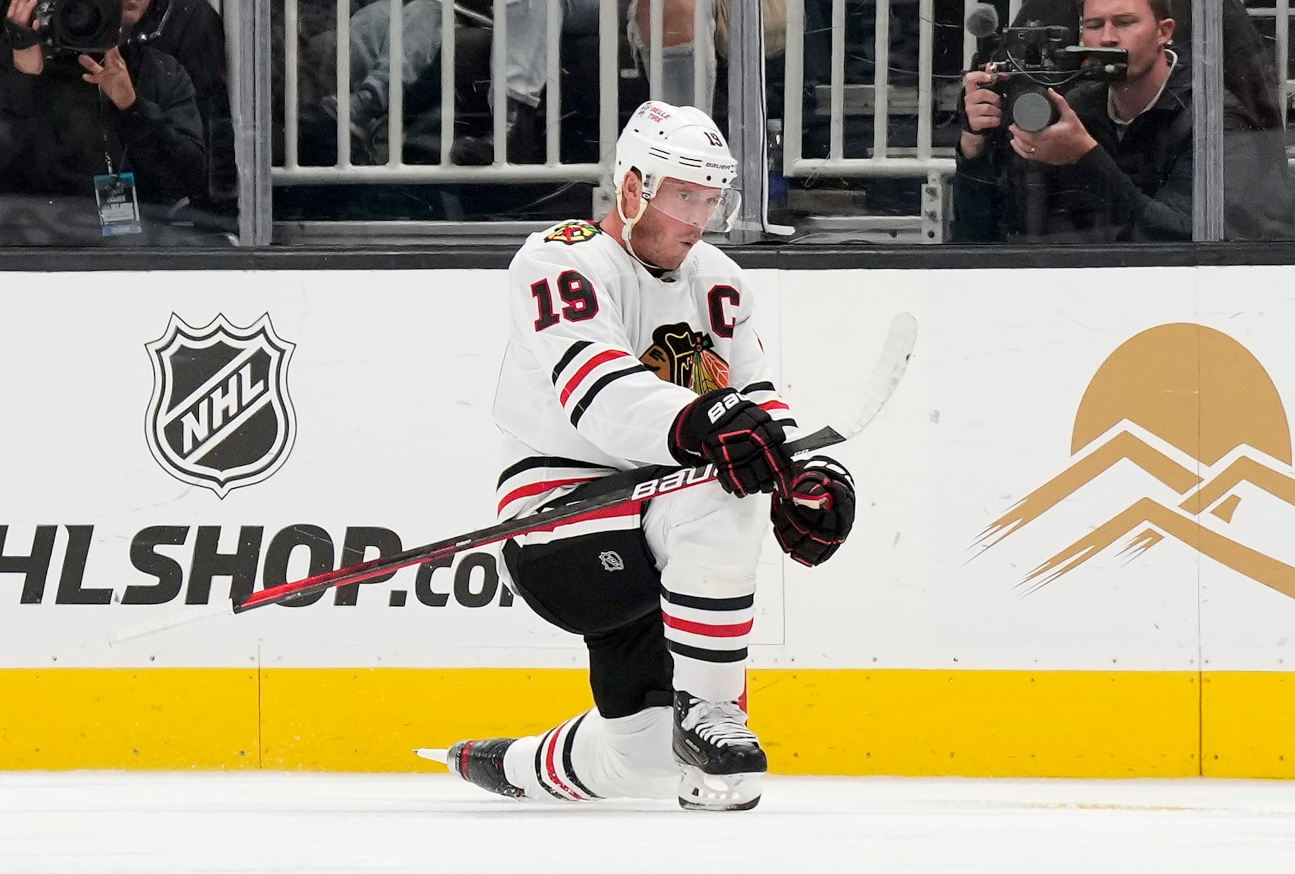 SAN JOSE, CALIFORNIA - OCTOBER 15: Jonathan Toews #19 of the Chicago Blackhawks celebrates after scoring a goal against the San Jose Sharks in the second period of an NHL Hockey game at SAP Center on October 15, 2022 in San Jose, California. (Photo by Thearon W. Henderson/Getty Images)