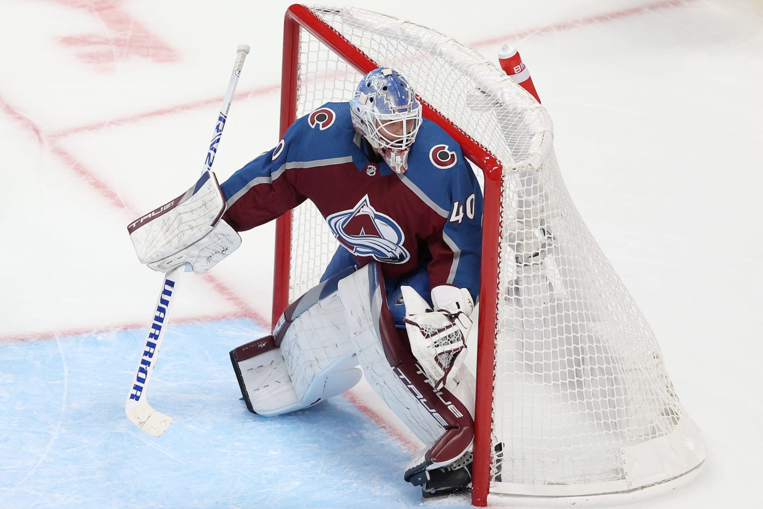 DENVER, COLORADO - OCTOBER 12: Alexandar Georgiev #40 of the Colorado Avalanche tends goal against the Chicago Blackhawks during the third period at Ball Arena on October 12, 2022 in Denver, Colorado. (Photo by Matthew Stockman/Getty Images)