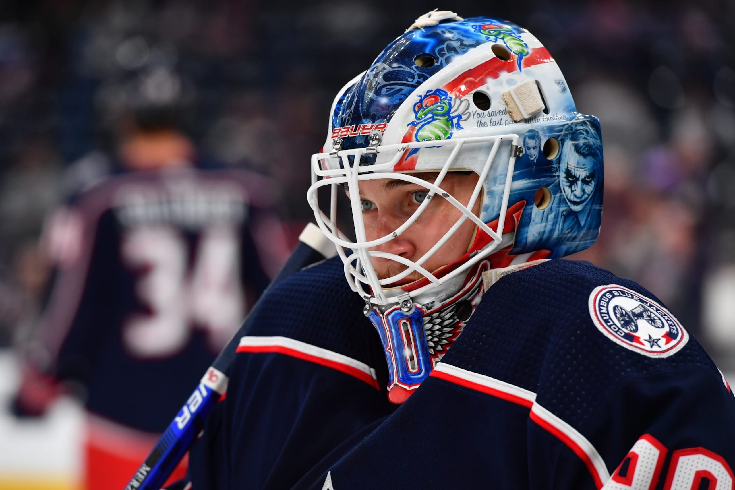 COLUMBUS, OH - APRIL 28: Goaltender Elvis Merzlikins #90 of the Columbus Blue Jackets warms up prior to a game against the Tampa Bay Lightning at Nationwide Arena on April 28, 2022 in Columbus, Ohio.  (Photo by Ben Jackson/NHLI via Getty Images)