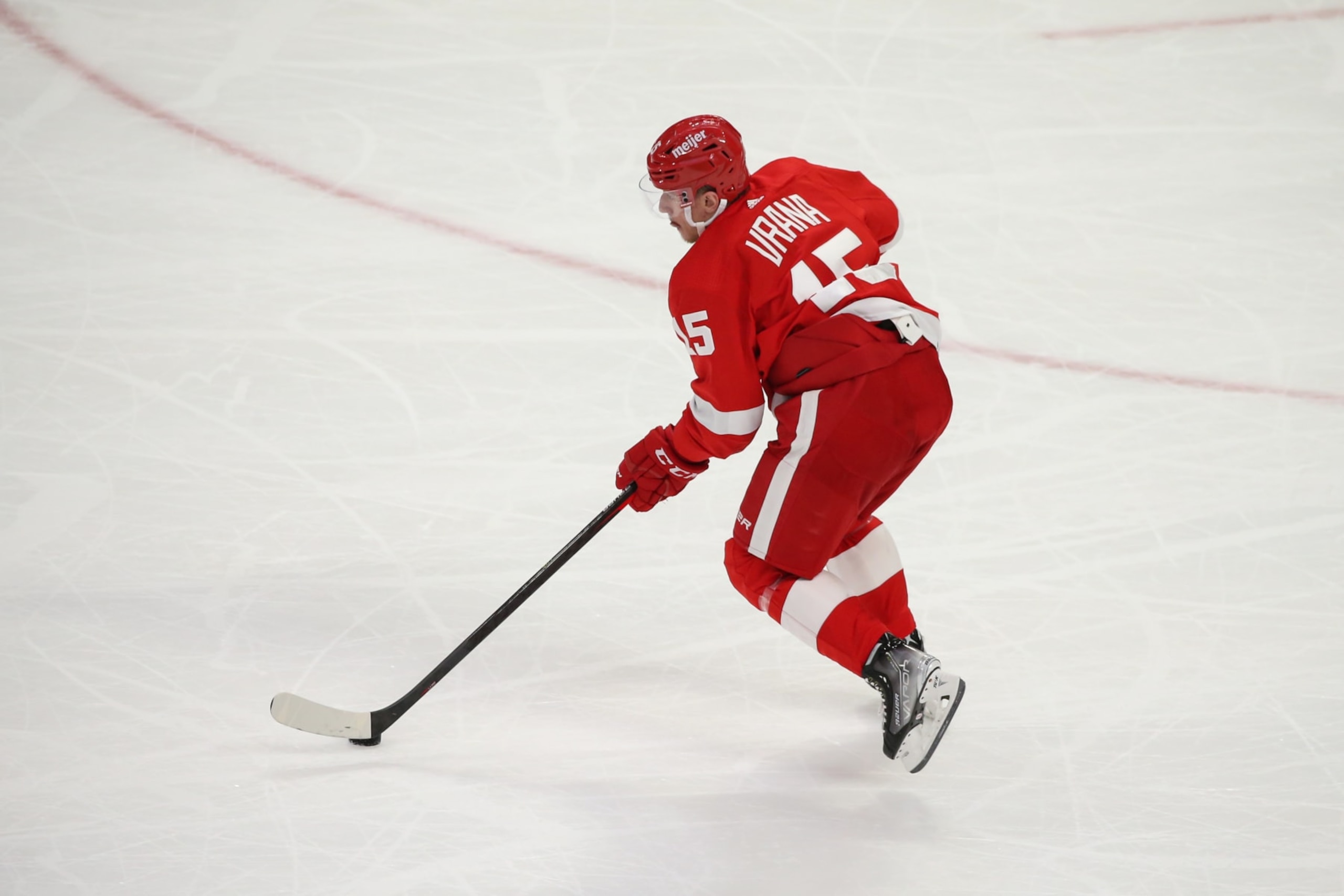 DETROIT, MI - APRIL 17:  Detroit Red Wings forward Jakub Vrana (15) skates with the puck during a regular season NHL hockey game between the Florida Panthers and the Detroit Red Wings on April 17, 2022 at Little Caesars Arena in Detroit, Michigan.  (Photo by Scott W. Grau/Icon Sportswire via Getty Images)