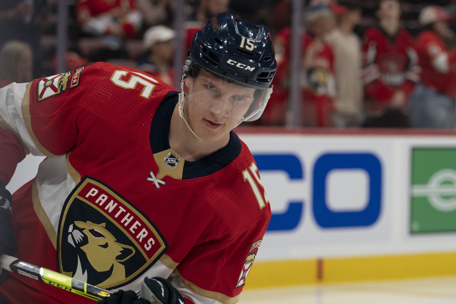 SUNRISE, FL - SEPTEMBER 29: Anton Lundell #15 of the Florida Panthers skates during warm-ups before the game between the Florida Panthers and the Carolina Hurricanes at FLA Live Arena in Sunrise, FL on September 29, 2022. (Photo by Jason Mowry/Icon Sportswire via Getty Images)