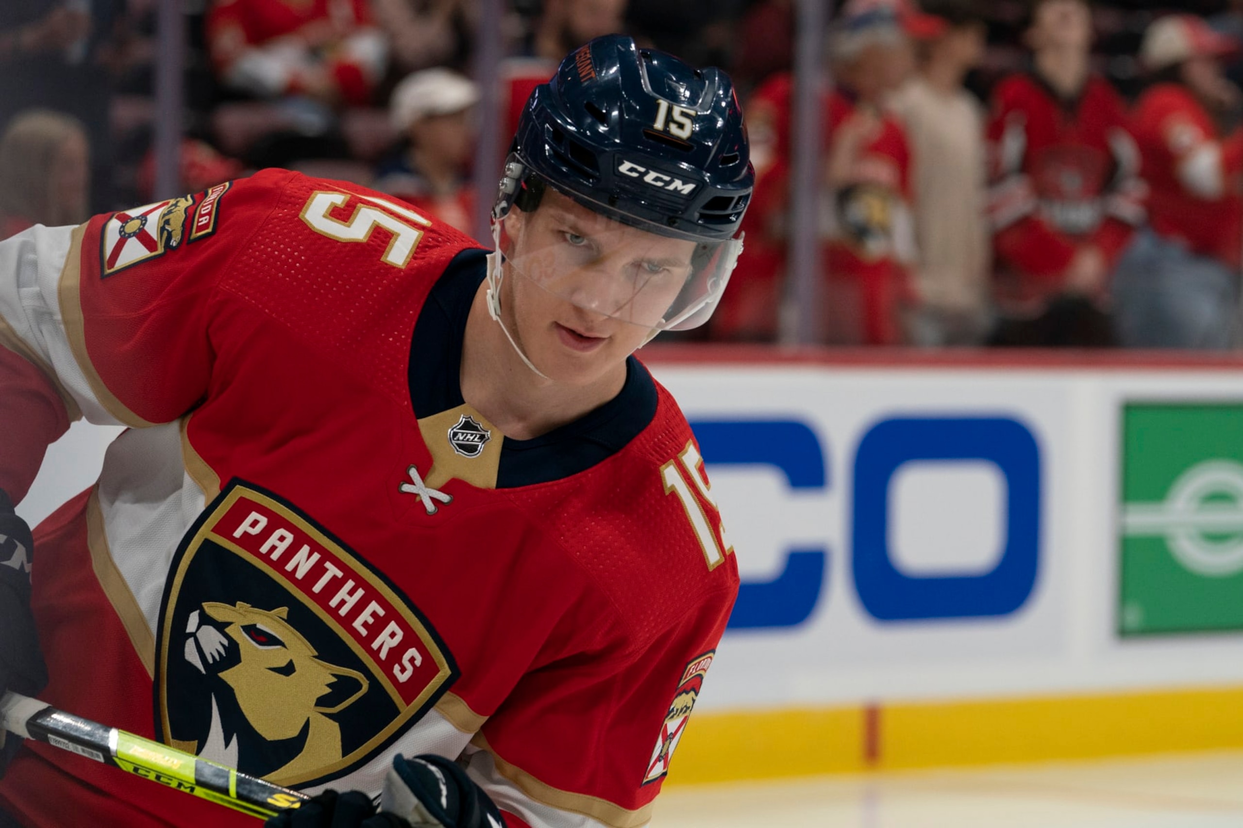 SUNRISE, FL - SEPTEMBER 29: Anton Lundell #15 of the Florida Panthers skates during warm-ups before the game between the Florida Panthers and the Carolina Hurricanes at FLA Live Arena in Sunrise, FL on September 29, 2022. (Photo by Jason Mowry/Icon Sportswire via Getty Images)
