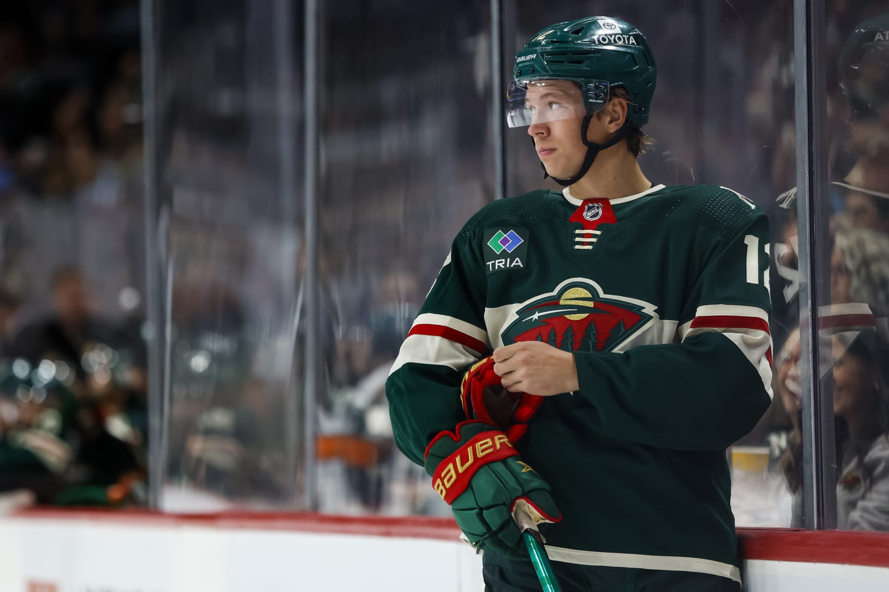 ST PAUL, MN - OCTOBER 06: Matt Boldy #12 of the Minnesota Wild looks on against the Chicago Blackhawks in the second period of a preseason game at Xcel Energy Center on October 6, 2022 in St Paul, Minnesota. The Wild defeated the Blackhawks 4-1. (Photo by David Berding/Getty Images)