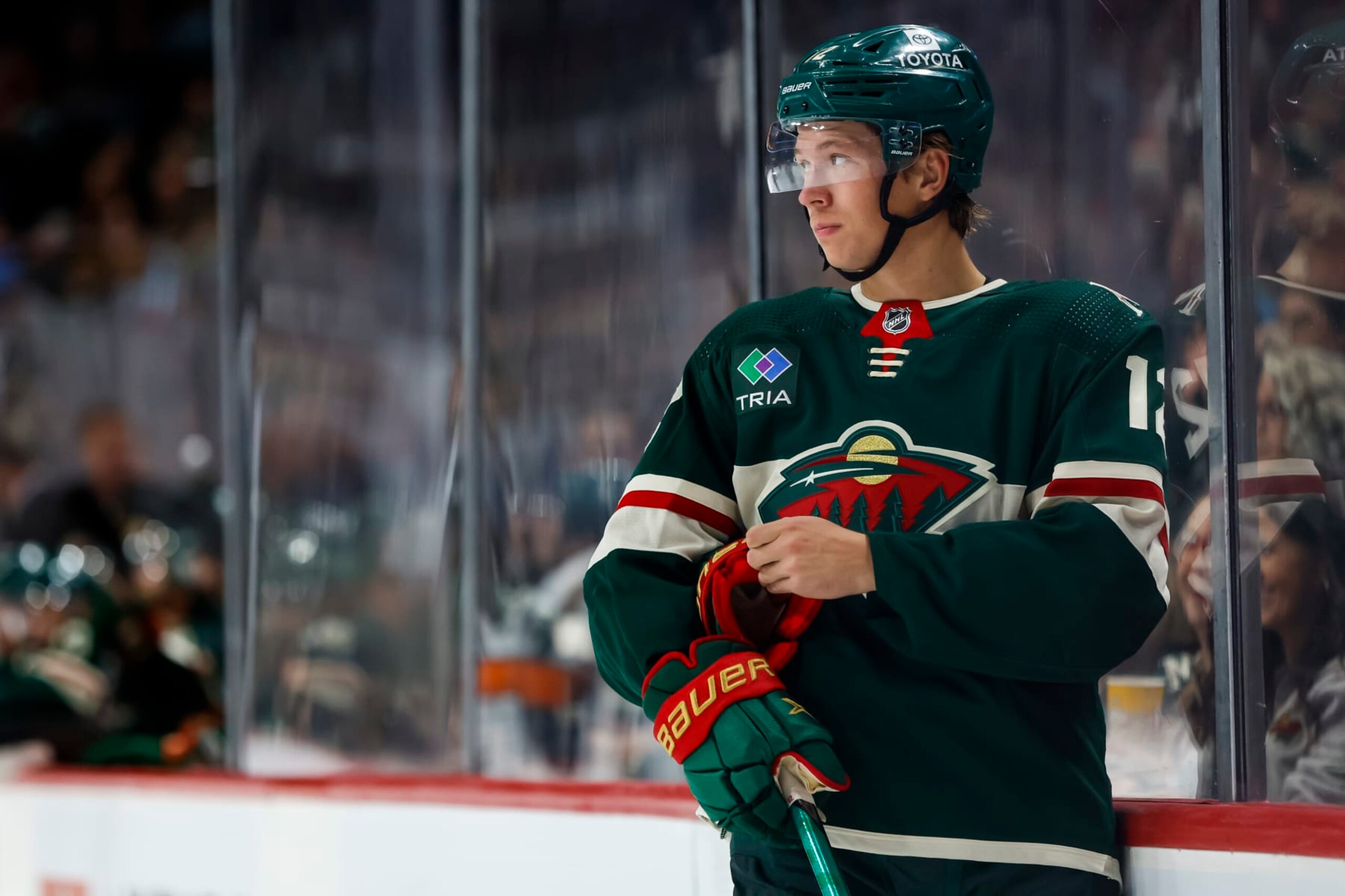 ST PAUL, MN - OCTOBER 06: Matt Boldy #12 of the Minnesota Wild looks on against the Chicago Blackhawks in the second period of a preseason game at Xcel Energy Center on October 6, 2022 in St Paul, Minnesota. The Wild defeated the Blackhawks 4-1. (Photo by David Berding/Getty Images)