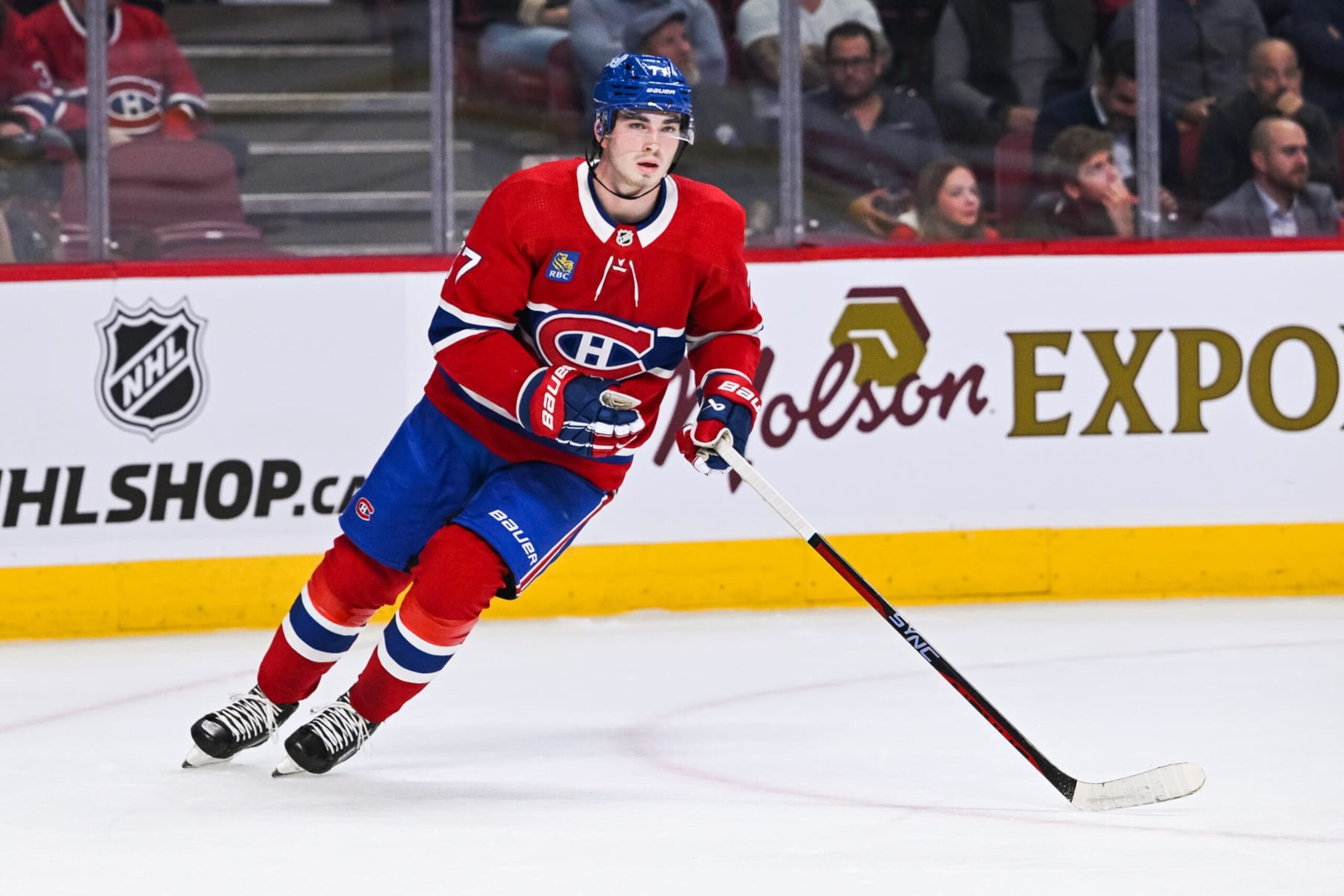 MONTREAL, QC - OCTOBER 12: Look on Montreal Canadiens center Kirby Dach (77) during the Toronto Maple Leafs versus the Montreal Canadiens game on October 12, 2022, at Bell Centre in Montreal, QC (Photo by David Kirouac/Icon Sportswire via Getty Images)