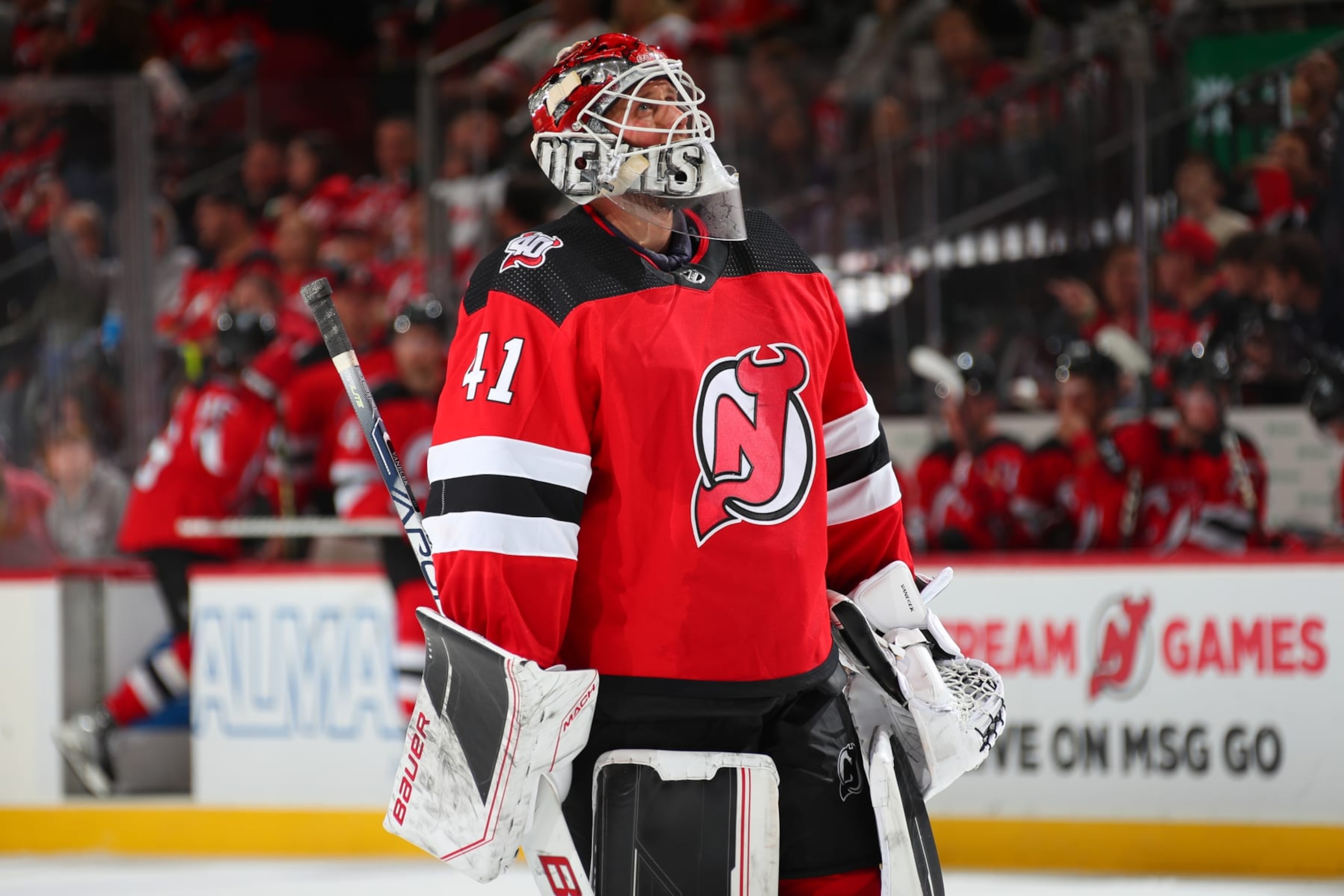 NEWARK, NJ - OCTOBER 15:  New Jersey Devils goaltender Vitek Vanecek (41) during the game against the New Jersey Devils on October 15, 2022 at the Prudential Center in Newark, New Jersey.  (Photo by Rich Graessle/Getty Images)