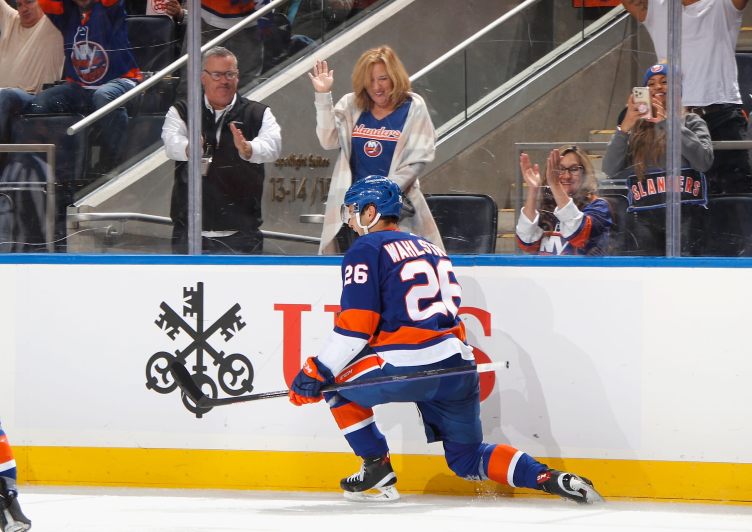 ELMONT, NEW YORK - OCTOBER 15: Oliver Wahlstrom #26 of the New York Islanders celebrates his goal at 5:34 of the second period against the Anaheim Ducks at the UBS Arena on October 15, 2022 in Elmont, New York.(Photo by Bruce Bennett/Getty Images)