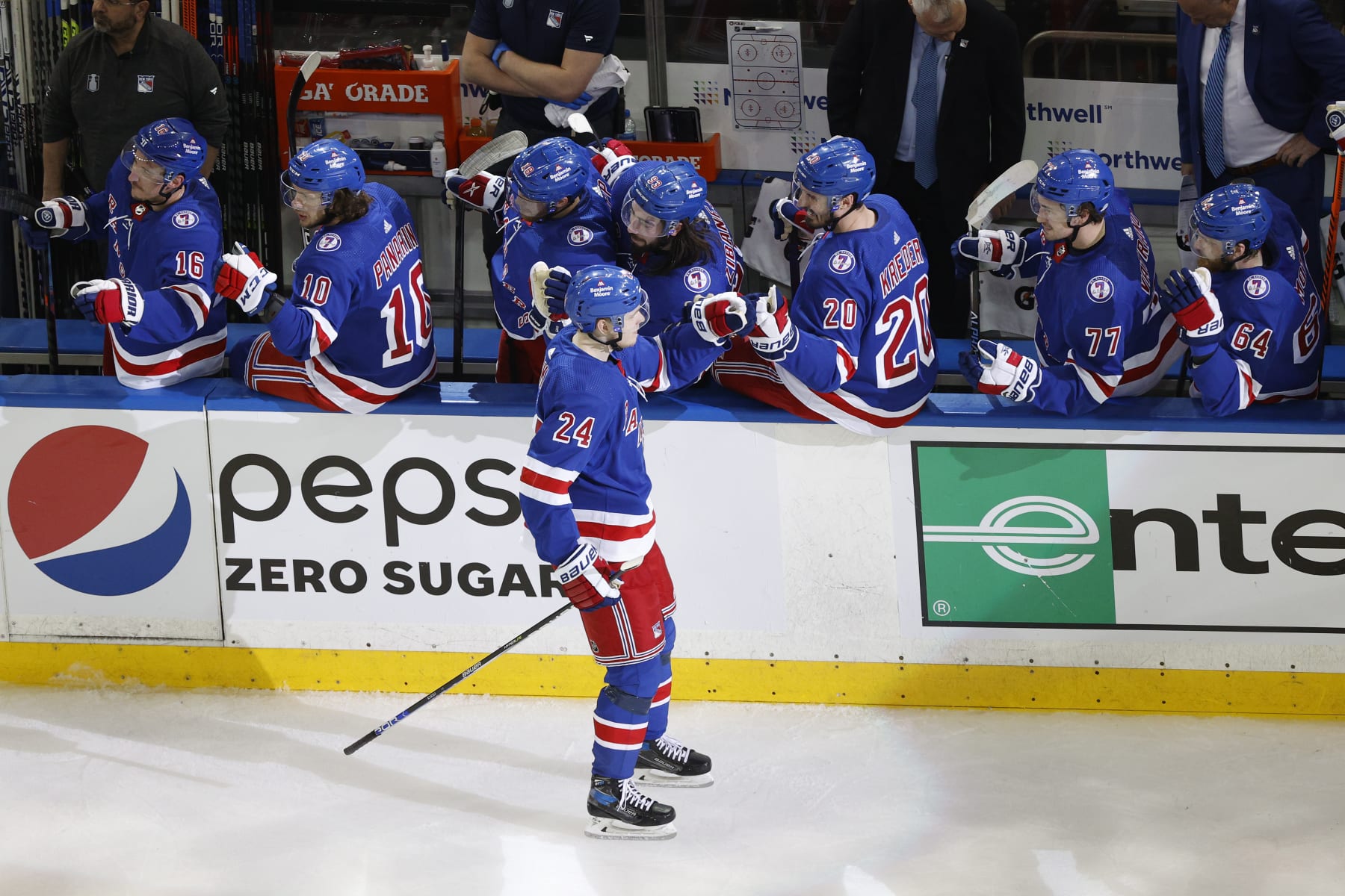 NEW YORK, NEW YORK - JUNE 03: Kaapo Kakko #24 of the New York Rangers celebrates with teammates after scoring a first period goal against the Tampa Bay Lightning in Game Two of the Eastern Conference Final of the 2022 Stanley Cup Playoffs at Madison Square Garden on June 03, 2022 in New York City. (Photo by Sarah Stier/Getty Images)