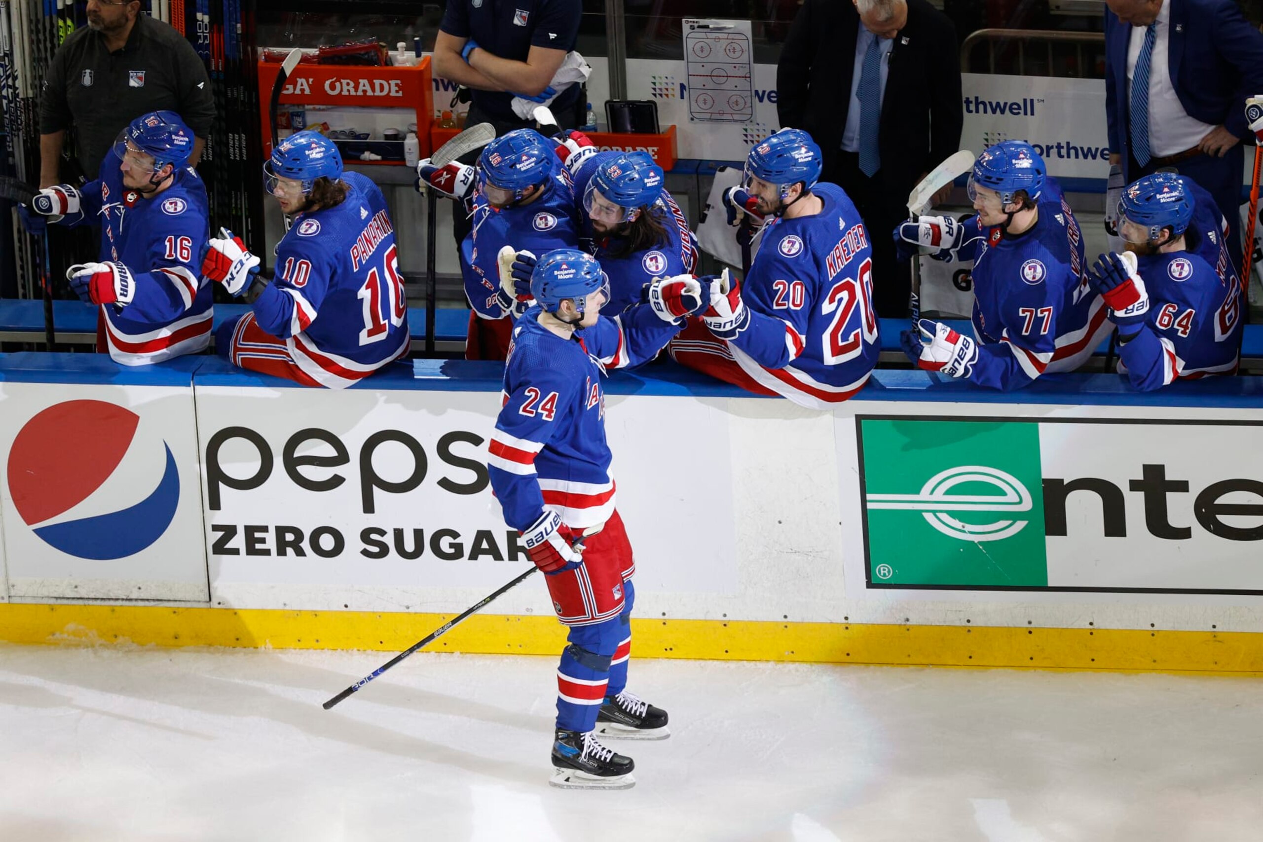 NEW YORK, NEW YORK - JUNE 03: Kaapo Kakko #24 of the New York Rangers celebrates with teammates after scoring a first period goal against the Tampa Bay Lightning in Game Two of the Eastern Conference Final of the 2022 Stanley Cup Playoffs at Madison Square Garden on June 03, 2022 in New York City. (Photo by Sarah Stier/Getty Images)
