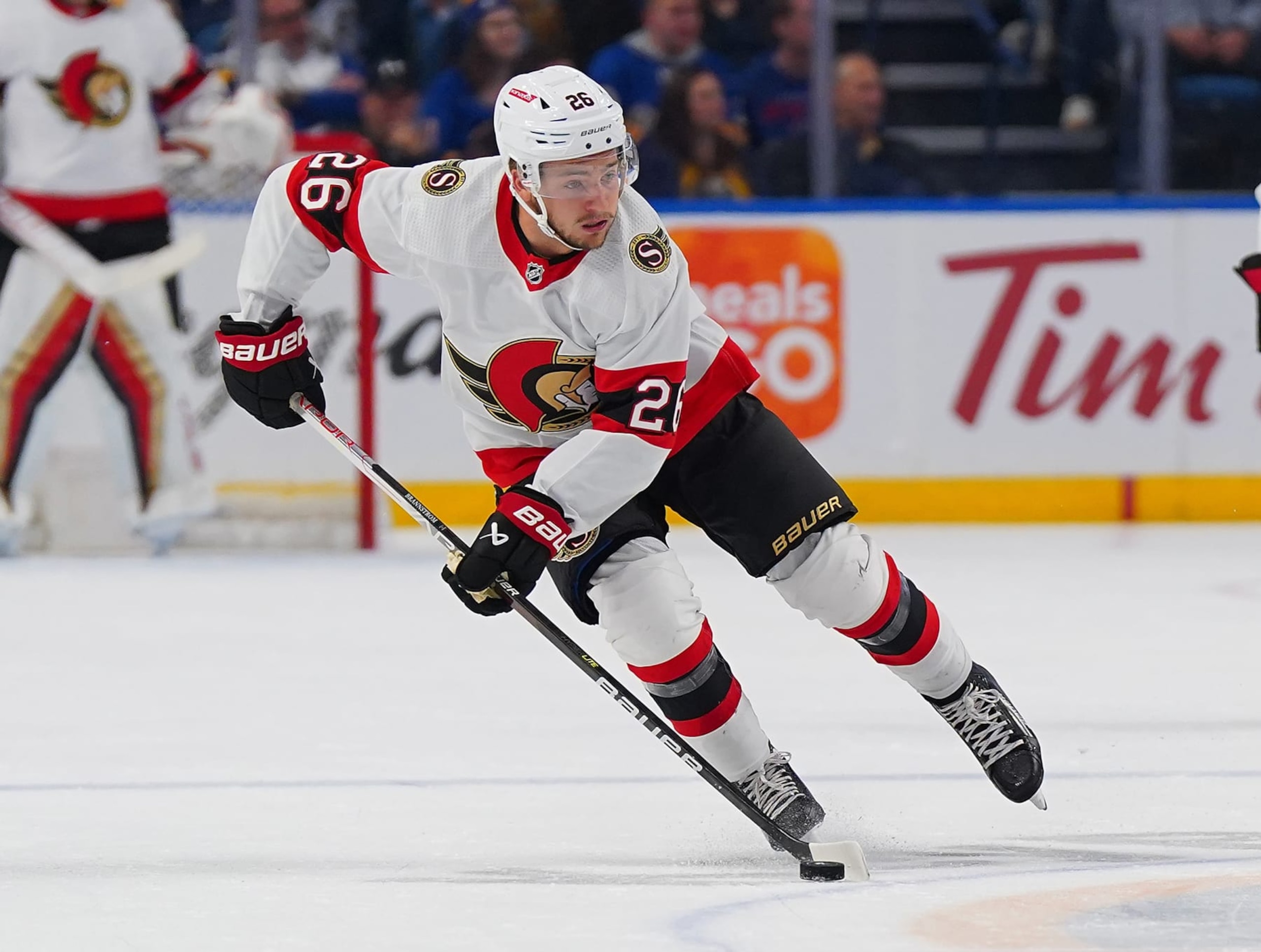 BUFFALO, NY - OCTOBER 13: Erik Brannstrom #26 of the Ottawa Senators during the game against the Buffalo Sabres at KeyBank Center on October 13, 2022 in Buffalo, New York. (Photo by Kevin Hoffman/Getty Images)
