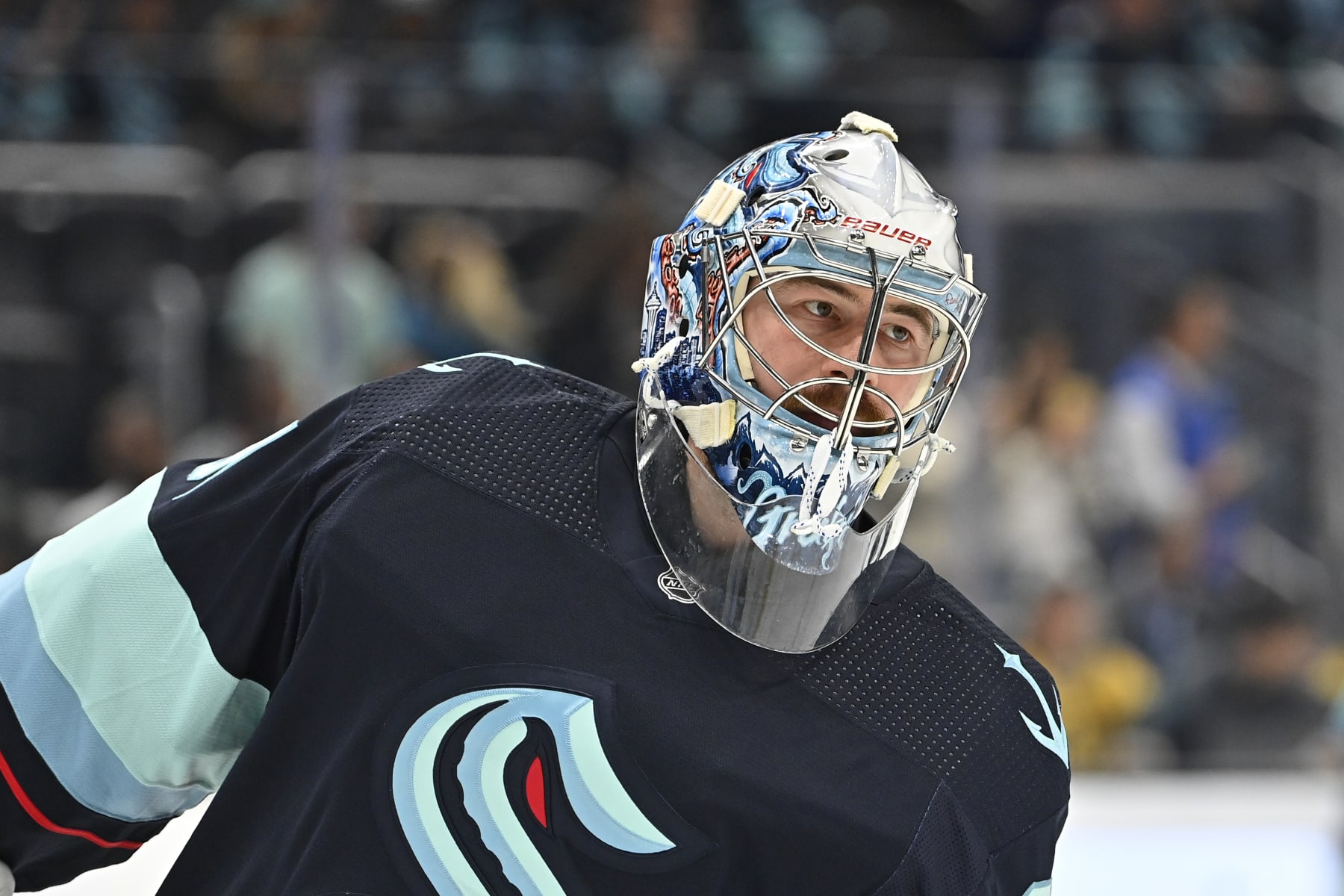 SEATTLE, WASHINGTON - OCTOBER 15: Philipp Grubauer #31 of the Seattle Kraken mask detail before the game against the Vegas Golden Knights at Climate Pledge Arena on October 15, 2022 in Seattle, Washington. The Vegas Golden Knights won 5-2. (Photo by Alika Jenner/Getty Images)