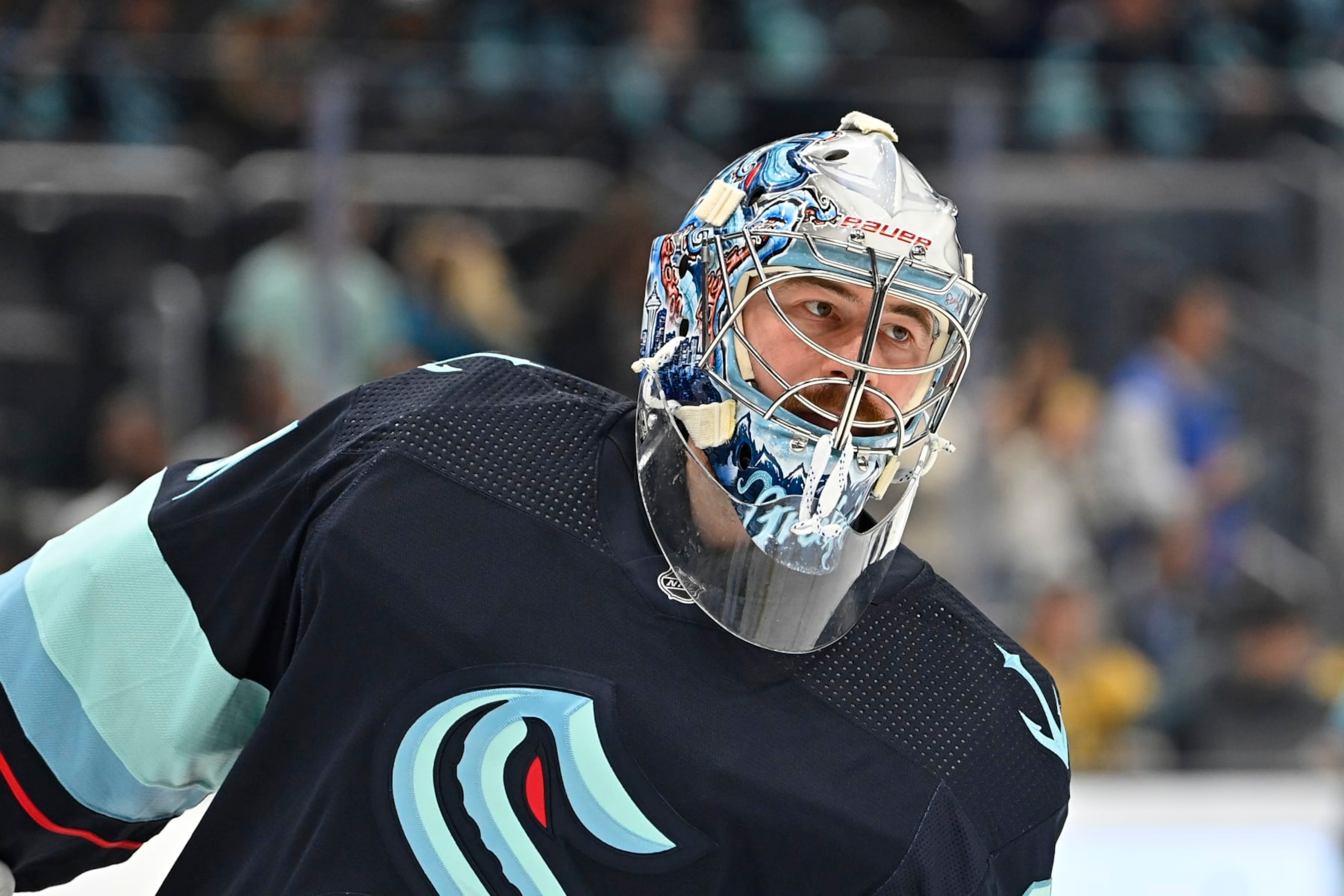SEATTLE, WASHINGTON - OCTOBER 15: Philipp Grubauer #31 of the Seattle Kraken mask detail before the game against the Vegas Golden Knights at Climate Pledge Arena on October 15, 2022 in Seattle, Washington. The Vegas Golden Knights won 5-2. (Photo by Alika Jenner/Getty Images)