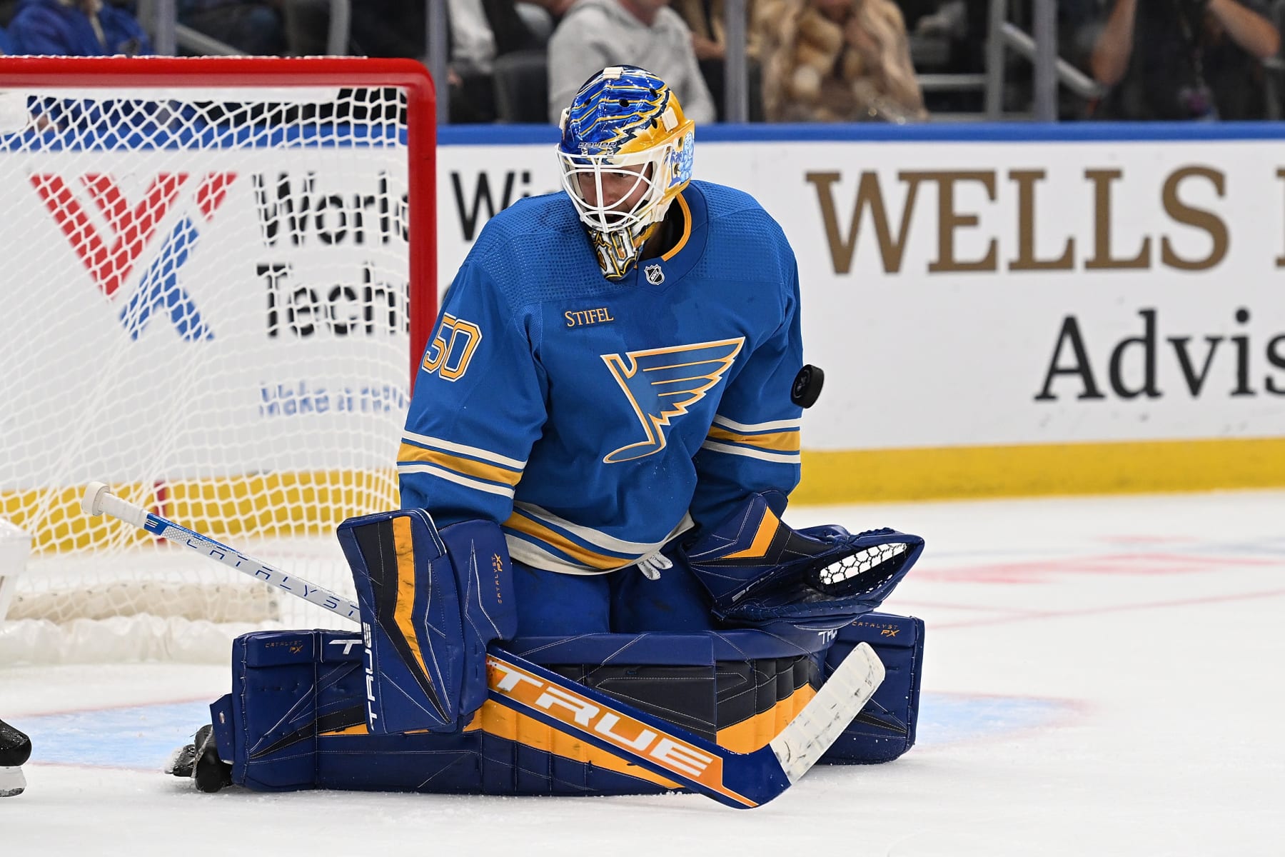 ST. LOUIS, MO - OCTOBER 15: Jordan Binnington #50 of the St. Louis Blues blocks a shot from the Columbus Blue Jackets at the Enterprise Center on October 15, 2022 in St. Louis, Missouri. (Photo by Joe Puetz/NHLI via Getty Images)