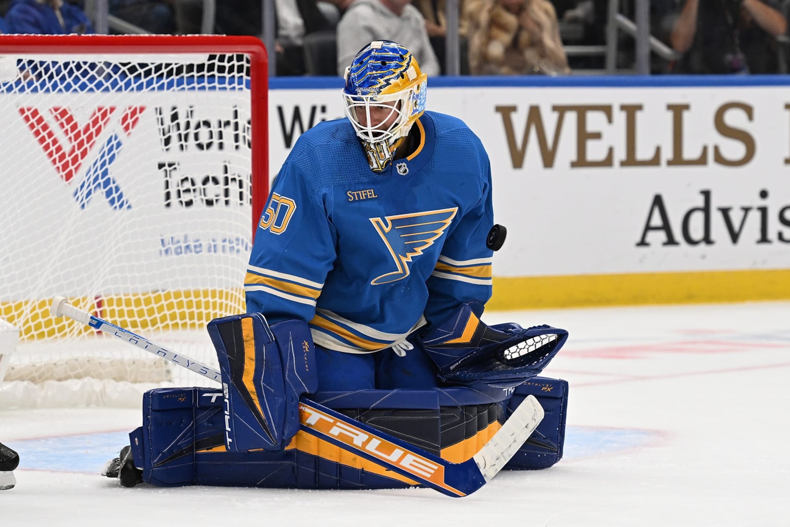 ST. LOUIS, MO - OCTOBER 15: Jordan Binnington #50 of the St. Louis Blues blocks a shot from the Columbus Blue Jackets at the Enterprise Center on October 15, 2022 in St. Louis, Missouri. (Photo by Joe Puetz/NHLI via Getty Images)