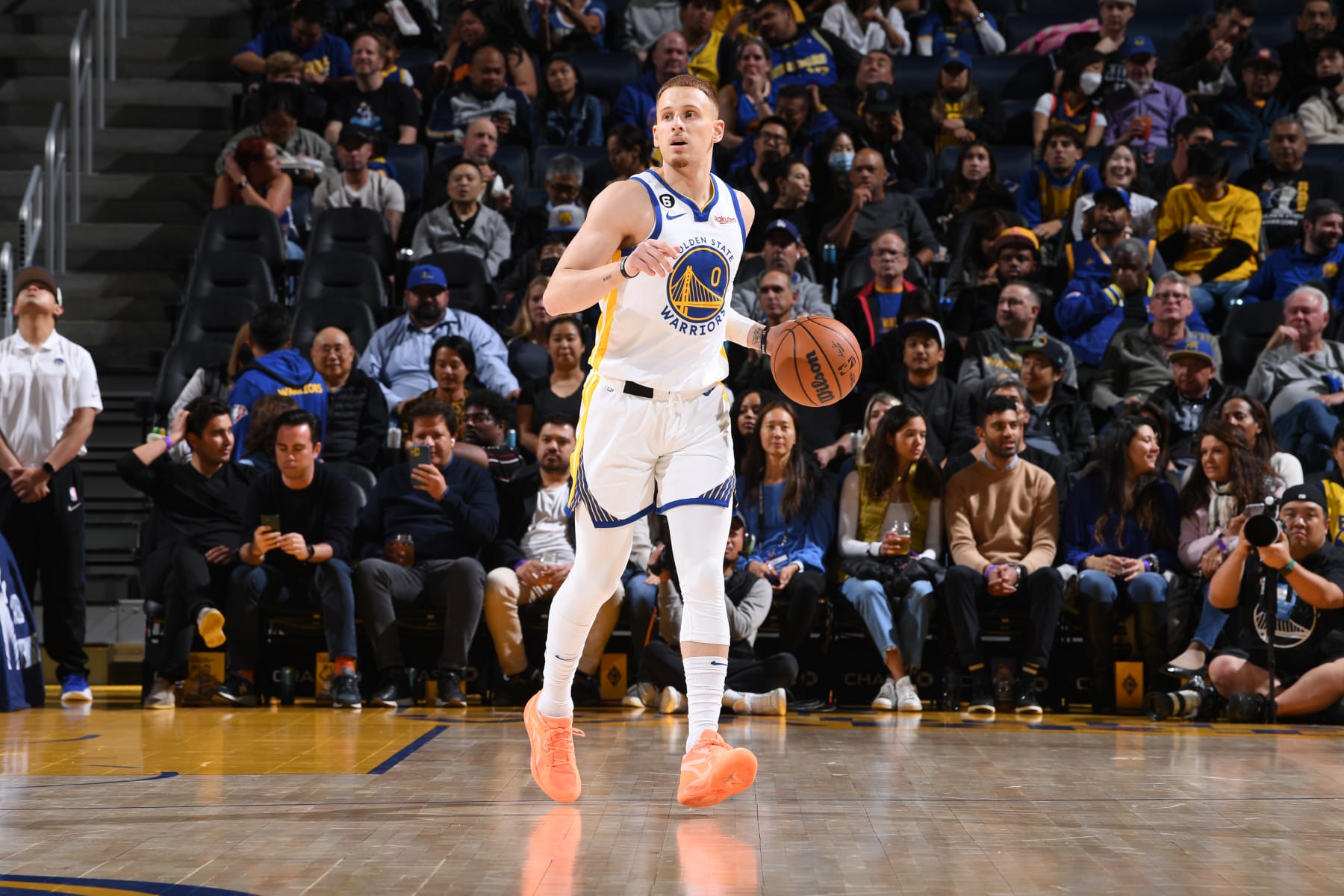 SAN FRANCISCO, CA - OCTOBER 11: Donte DiVincenzo #0 of the Golden State Warriors dribbles the ball against the Portland Trail Blazers during a preseason game on October 11, 2022 at Chase Center in San Francisco, California. NOTE TO USER: User expressly acknowledges and agrees that, by downloading and or using this photograph, user is consenting to the terms and conditions of Getty Images License Agreement. Mandatory Copyright Notice: Copyright 2022 NBAE (Photo by Noah Graham/NBAE via Getty Images)