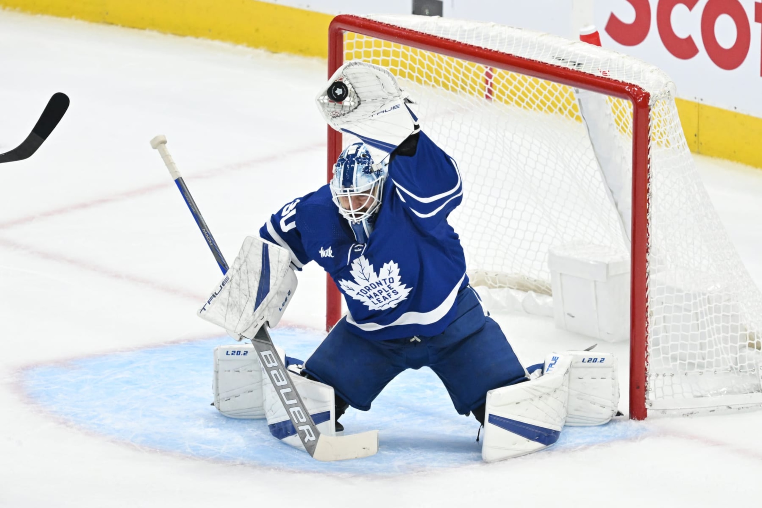 TORONTO, ON - SEPTEMBER 28: Toronto Maple Leafs Goalie Matt Murray (30) makes the glove save in the first period during the preseason game between the Montreal Canadiens and the Toronto Maple Leafs on September 28, 2022 at Scotiabank Arena in Toronto, ON. (Photo by Gavin Napier/Icon Sportswire via Getty Images)