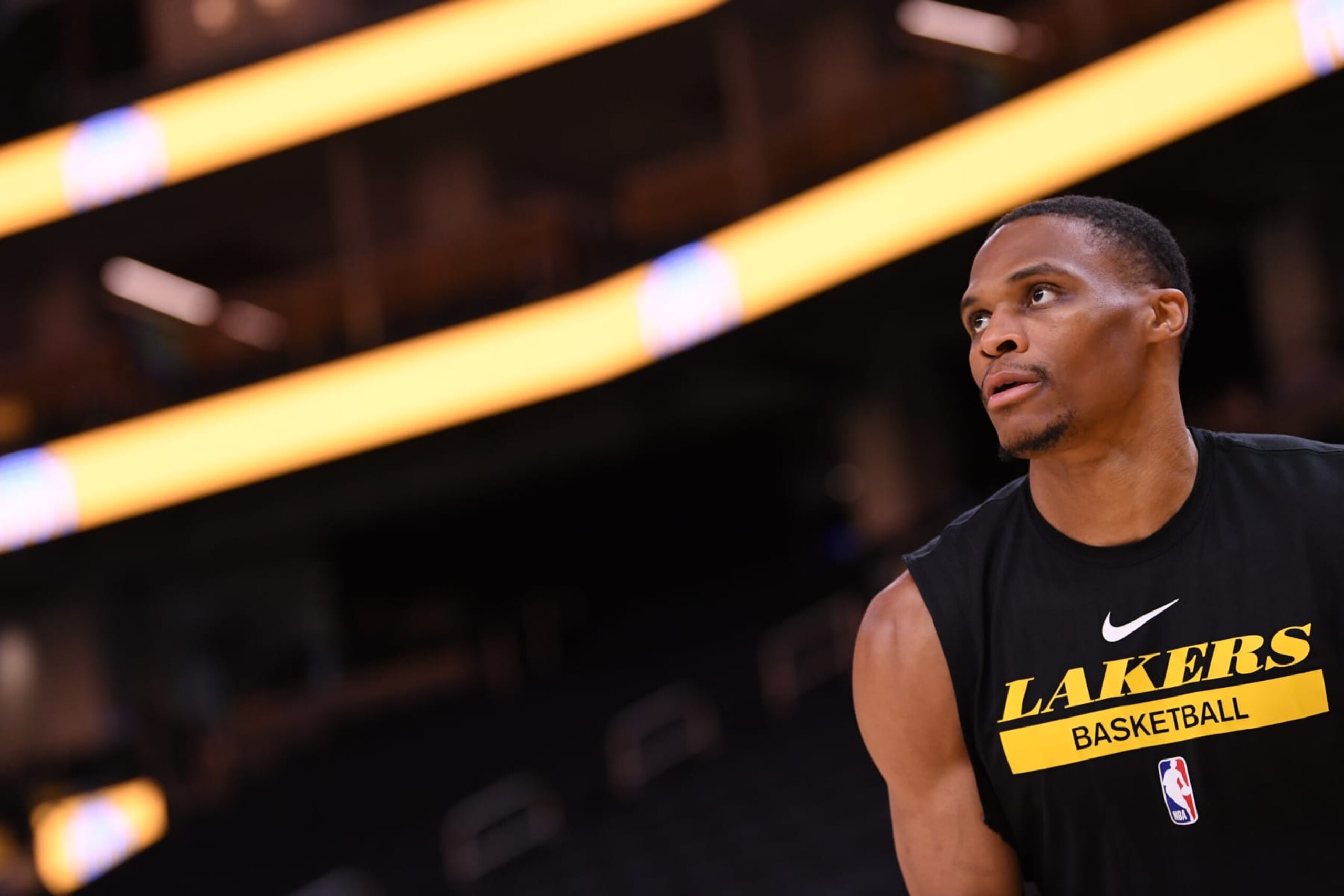 SAN FRANCISCO, CA - OCTOBER 9: Russell Westbrook of the Los Angeles Lakers warms up before the game against the Golden State Warriors on October 9, 2022 at Chase Center in San Francisco, California. NOTE TO USER: User expressly acknowledges and agrees that, by downloading and or using this photograph, user is consenting to the terms and conditions of Getty Images License Agreement. Mandatory Copyright Notice: Copyright 2022 NBAE (Photo by Noah Graham/NBAE via Getty Images) SAN FRANCISCO, CA - OCTOBER 9: Russell Westbrook of the Los Angeles Lakers warms up before the game against the Golden State Warriors on October 9, 2022 at Chase Center in San Francisco, California. NOTE TO USER: User expressly acknowledges and agrees that, by downloading and or using this photograph, user is consenting to the terms and conditions of Getty Images License Agreement. Mandatory Copyright Notice: Copyright 2022 NBAE (Photo by Noah Graham/NBAE via Getty Images)
