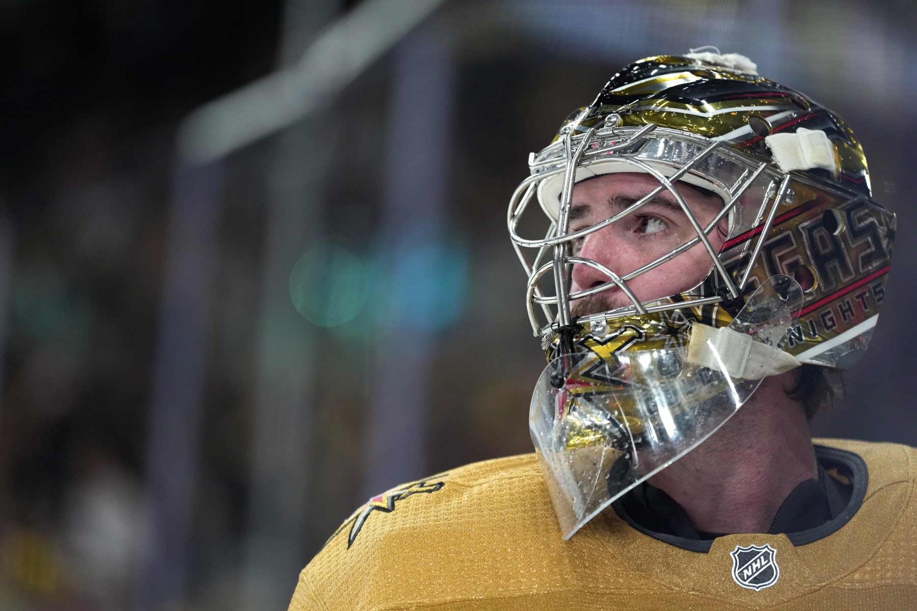 LAS VEGAS, NEVADA - OCTOBER 13: Logan Thompson #36 of the Vegas Golden Knights is seen on the ice during the second period against the Chicago Blackhawks at T-Mobile Arena on October 13, 2022 in Las Vegas, Nevada. (Photo by Jeff Bottari/2022 NHLI)