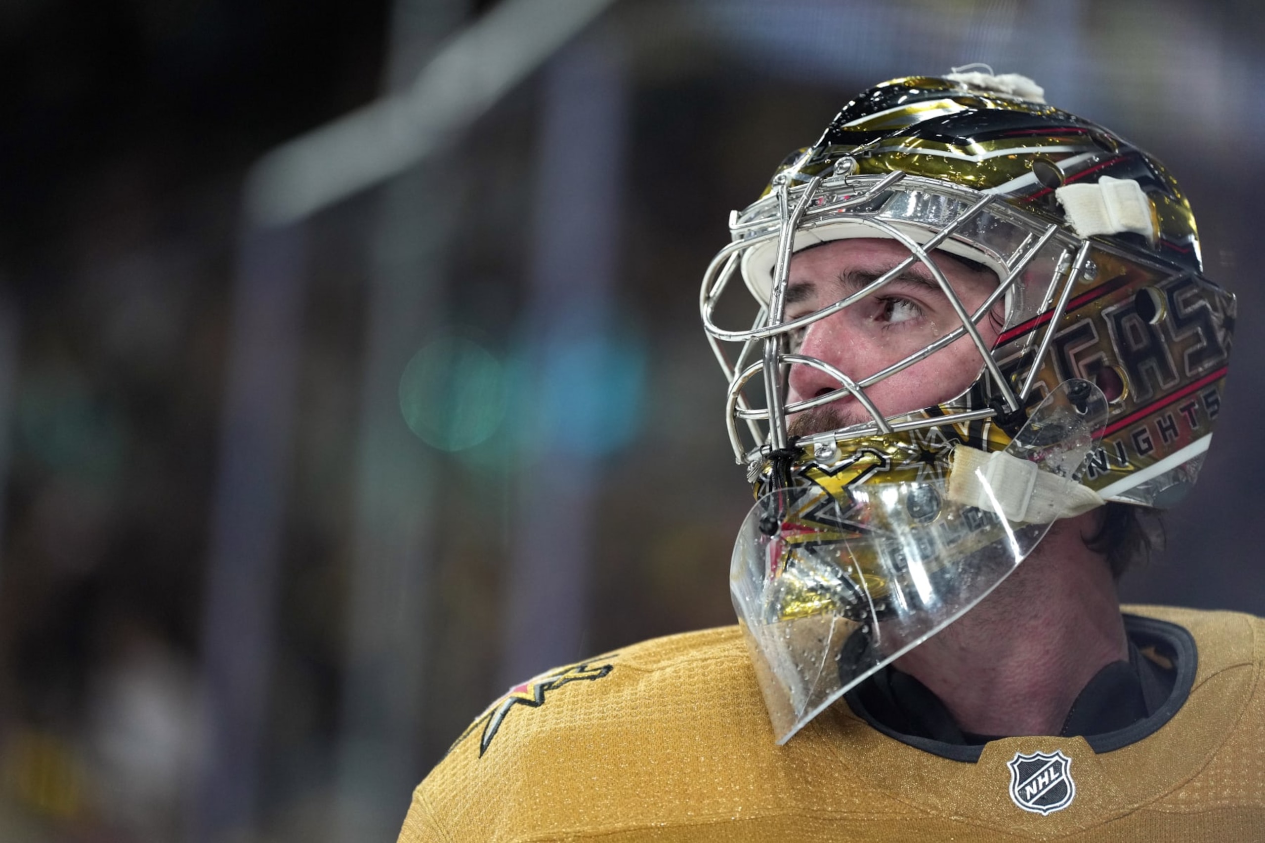 LAS VEGAS, NEVADA - OCTOBER 13: Logan Thompson #36 of the Vegas Golden Knights is seen on the ice during the second period against the Chicago Blackhawks at T-Mobile Arena on October 13, 2022 in Las Vegas, Nevada. (Photo by Jeff Bottari/2022 NHLI)