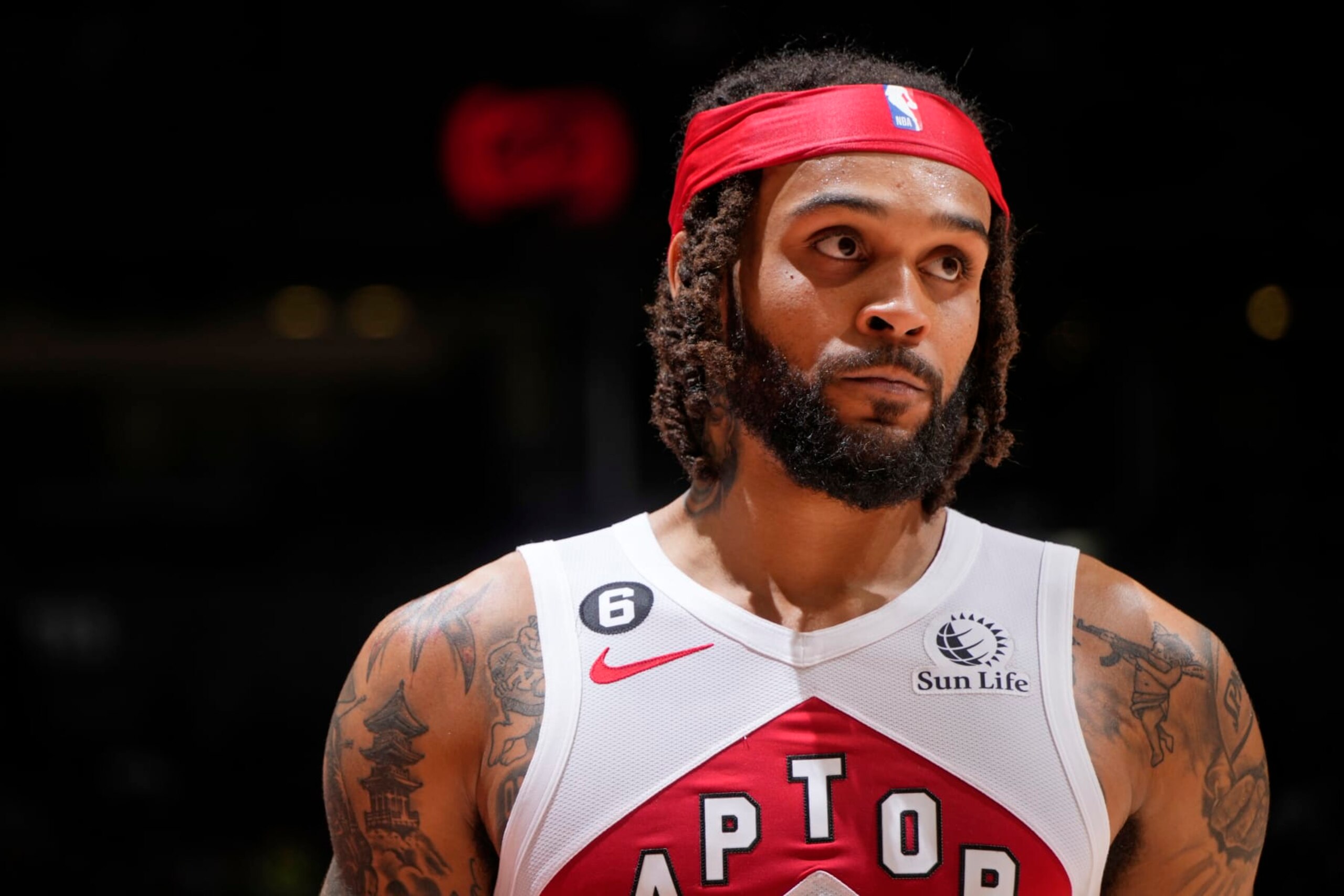 TORONTO, CANADA - OCTOBER 9: Gary Trent Jr. #33 of the Toronto Raptors looks on during a preseason game against the Chicago Bulls on October 9, 2022 at the Scotiabank Arena in Toronto, Ontario, Canada. NOTE TO USER: User expressly acknowledges and agrees that, by downloading and or using this Photograph, user is consenting to the terms and conditions of the Getty Images License Agreement. Mandatory Copyright Notice: Copyright 2022 NBAE (Photo by Mark Blinch/NBAE via Getty Images) TORONTO, CANADA - OCTOBER 9: Gary Trent Jr. #33 of the Toronto Raptors looks on during a preseason game against the Chicago Bulls on October 9, 2022 at the Scotiabank Arena in Toronto, Ontario, Canada. NOTE TO USER: User expressly acknowledges and agrees that, by downloading and or using this Photograph, user is consenting to the terms and conditions of the Getty Images License Agreement. Mandatory Copyright Notice: Copyright 2022 NBAE (Photo by Mark Blinch/NBAE via Getty Images)