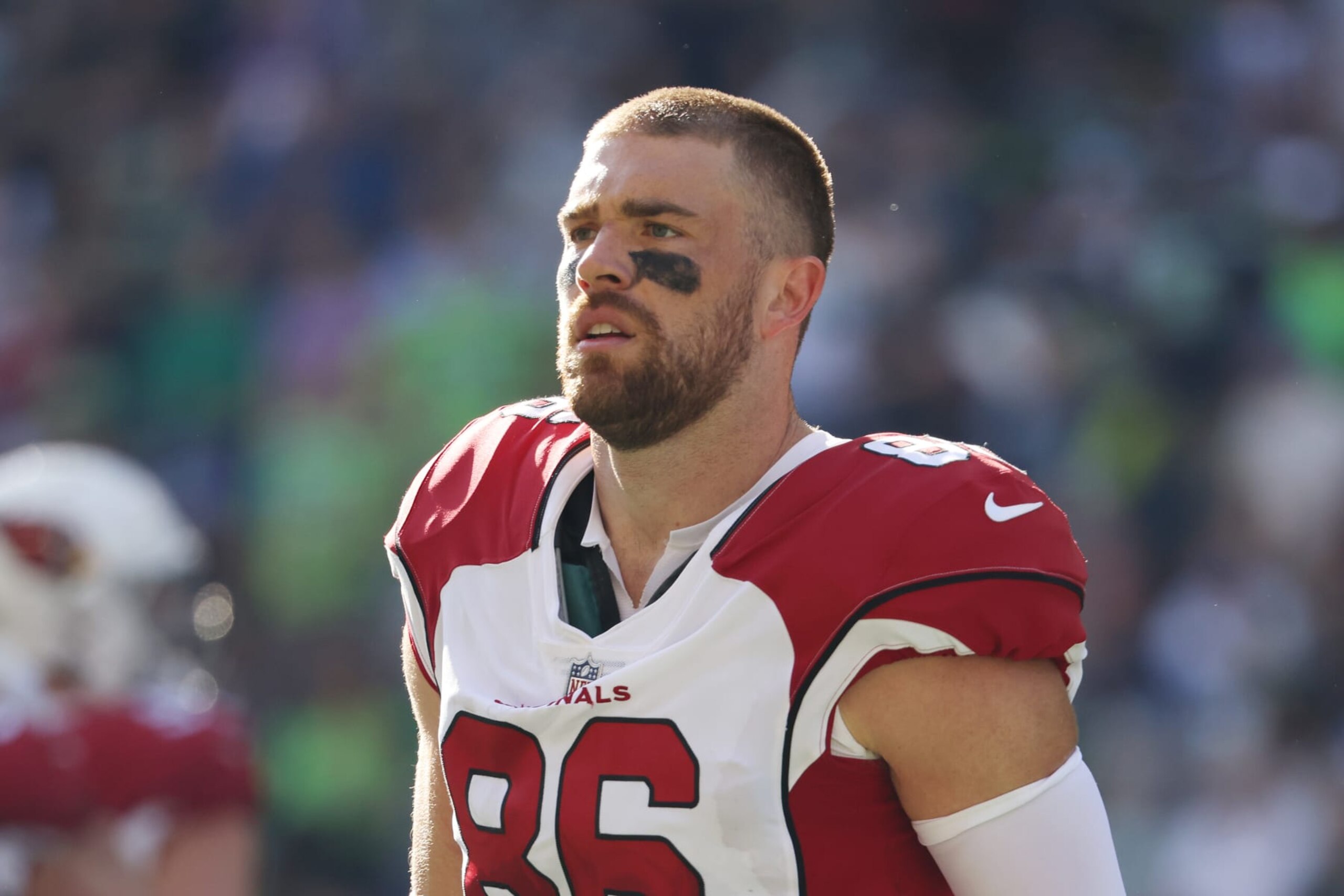 SEATTLE, WASHINGTON - OCTOBER 16: Zach Ertz #86 of the Arizona Cardinals looks on against the Seattle Seahawks during the third quarter at Lumen Field on October 16, 2022 in Seattle, Washington. (Photo by Tom Hauck/Getty Images)