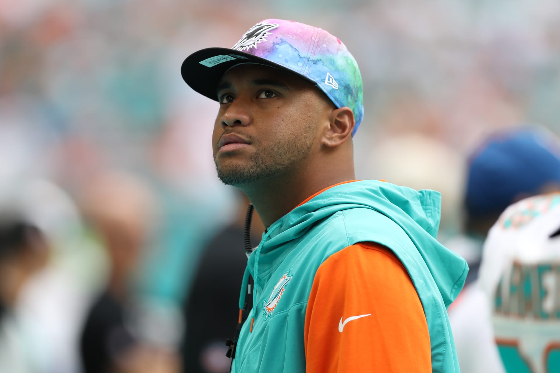 MIAMI GARDENS, FLORIDA - OCTOBER 16: Tua Tagovailoa #1 of the Miami Dolphins looks on against the Minnesota Vikings at Hard Rock Stadium on October 16, 2022 in Miami Gardens, Florida. (Photo by Megan Briggs/Getty Images)