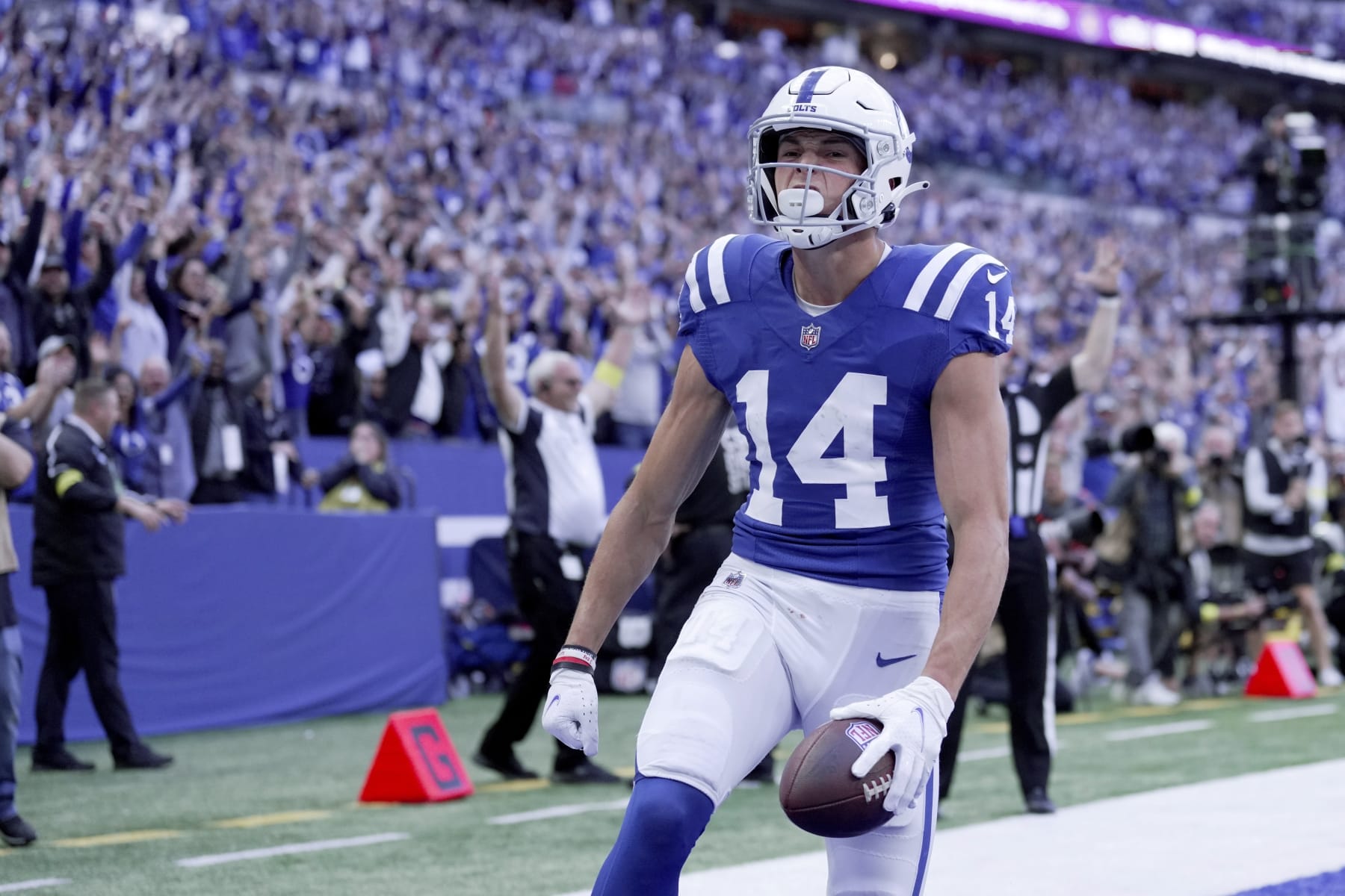 Indianapolis Colts' Alec Pierce reacts after making a touchdown reception during the second half of an NFL football game against the Jacksonville Jaguars, Sunday, Oct. 16, 2022, in Indianapolis.(AP Photo/AJ Mast)