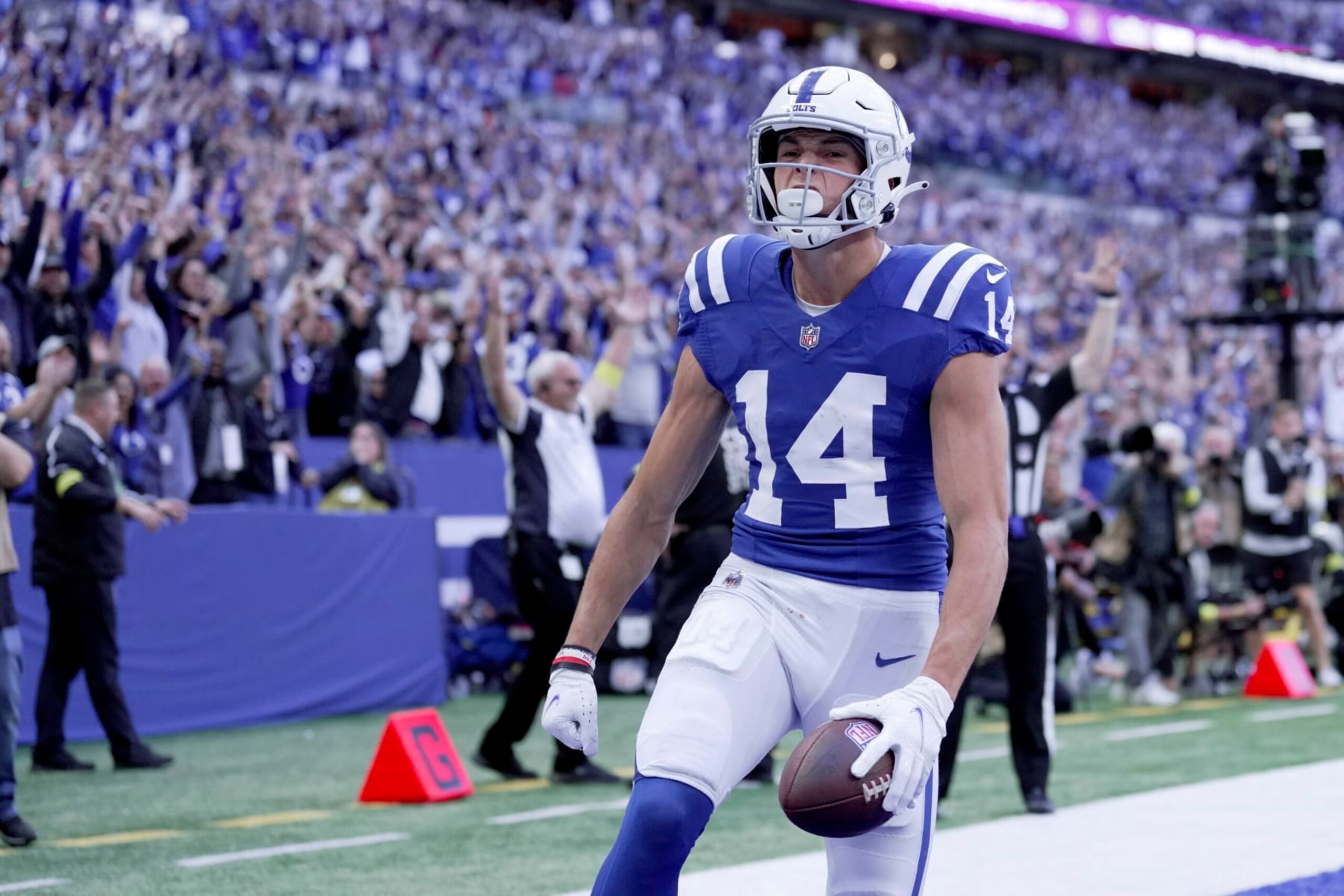 Indianapolis Colts' Alec Pierce reacts after making a touchdown reception during the second half of an NFL football game against the Jacksonville Jaguars, Sunday, Oct. 16, 2022, in Indianapolis.(AP Photo/AJ Mast)