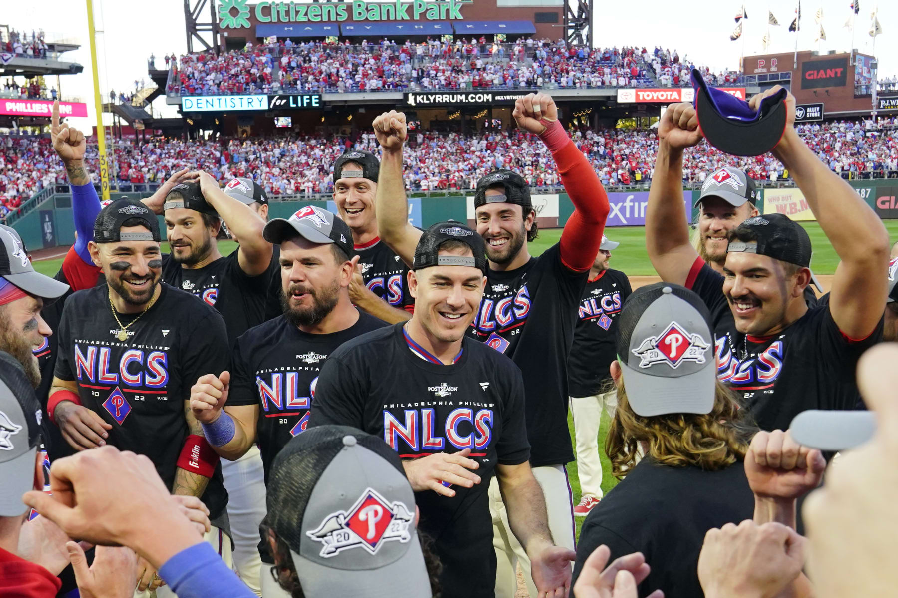 PHILADELPHIA, PA - OCTOBER 15:  Members of the Philadelphia Phillies celebrate winning the series after Game 4 of the NLDS between the Atlanta Braves and the Philadelphia Phillies on October 15, 2022, at Citizens Bank Park in Philadelphia, PA.(Photo by Gregory Fisher/Icon Sportswire via Getty Images)