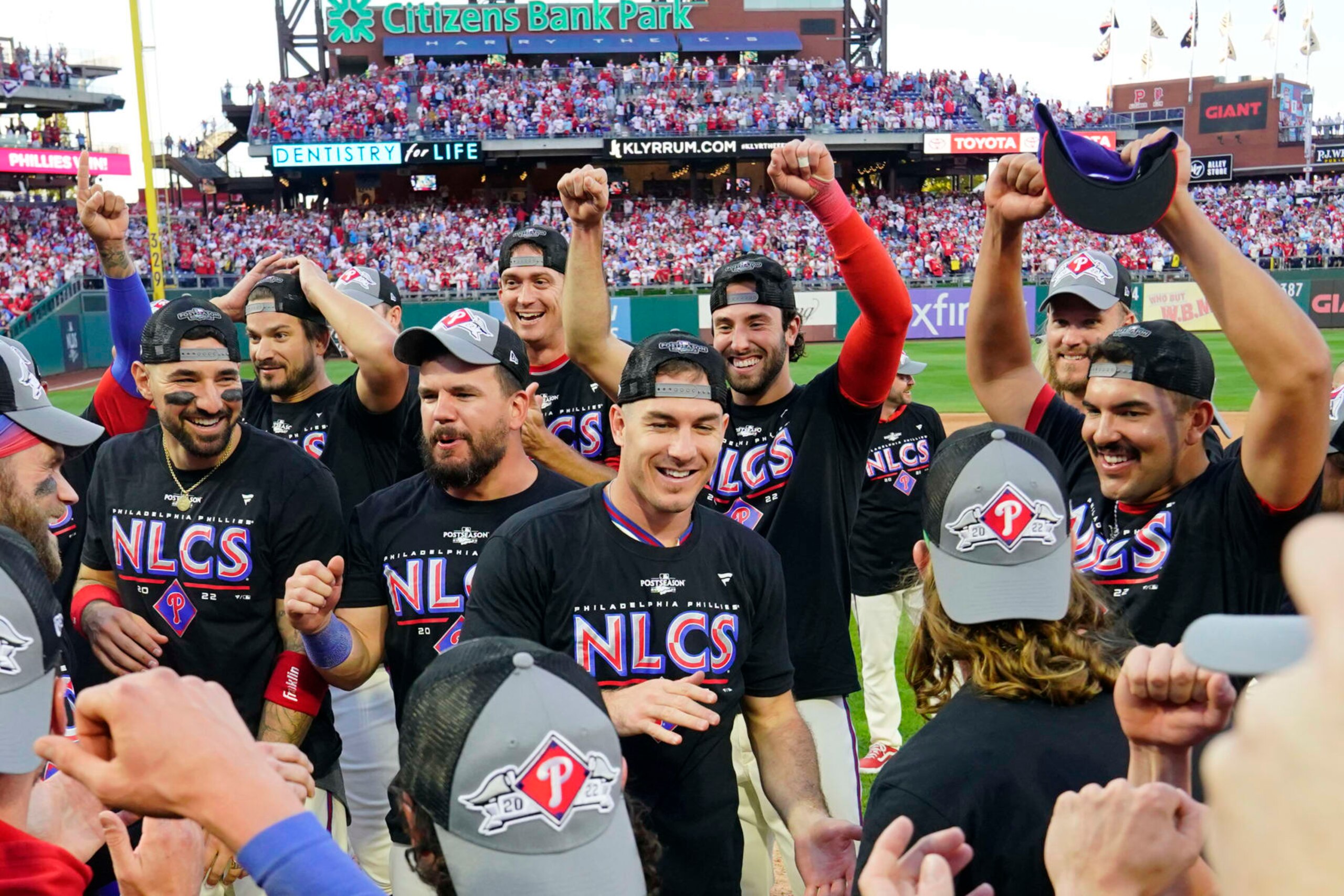 PHILADELPHIA, PA - OCTOBER 15:  Members of the Philadelphia Phillies celebrate winning the series after Game 4 of the NLDS between the Atlanta Braves and the Philadelphia Phillies on October 15, 2022, at Citizens Bank Park in Philadelphia, PA.(Photo by Gregory Fisher/Icon Sportswire via Getty Images)