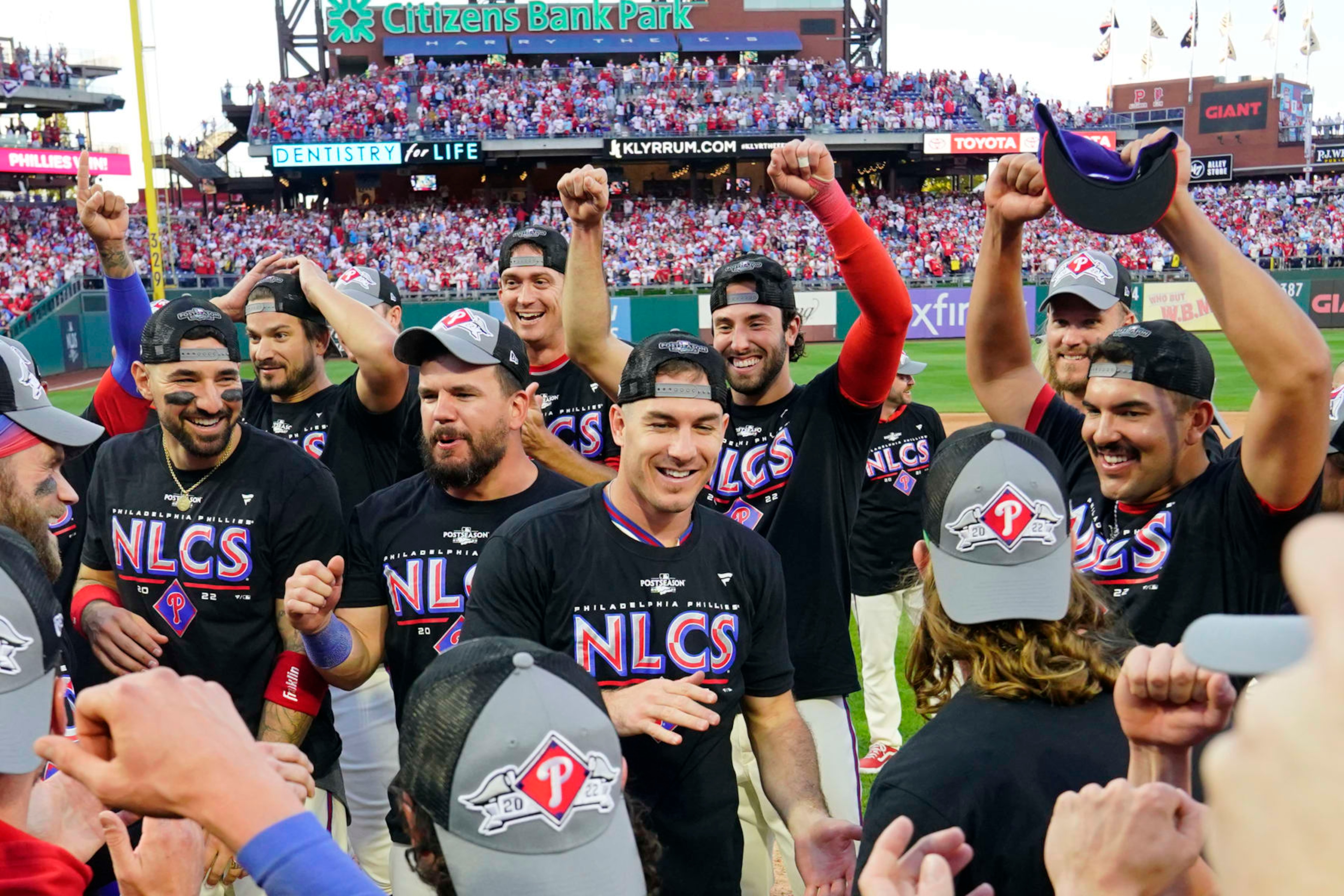 PHILADELPHIA, PA - OCTOBER 15:  Members of the Philadelphia Phillies celebrate winning the series after Game 4 of the NLDS between the Atlanta Braves and the Philadelphia Phillies on October 15, 2022, at Citizens Bank Park in Philadelphia, PA.(Photo by Gregory Fisher/Icon Sportswire via Getty Images)