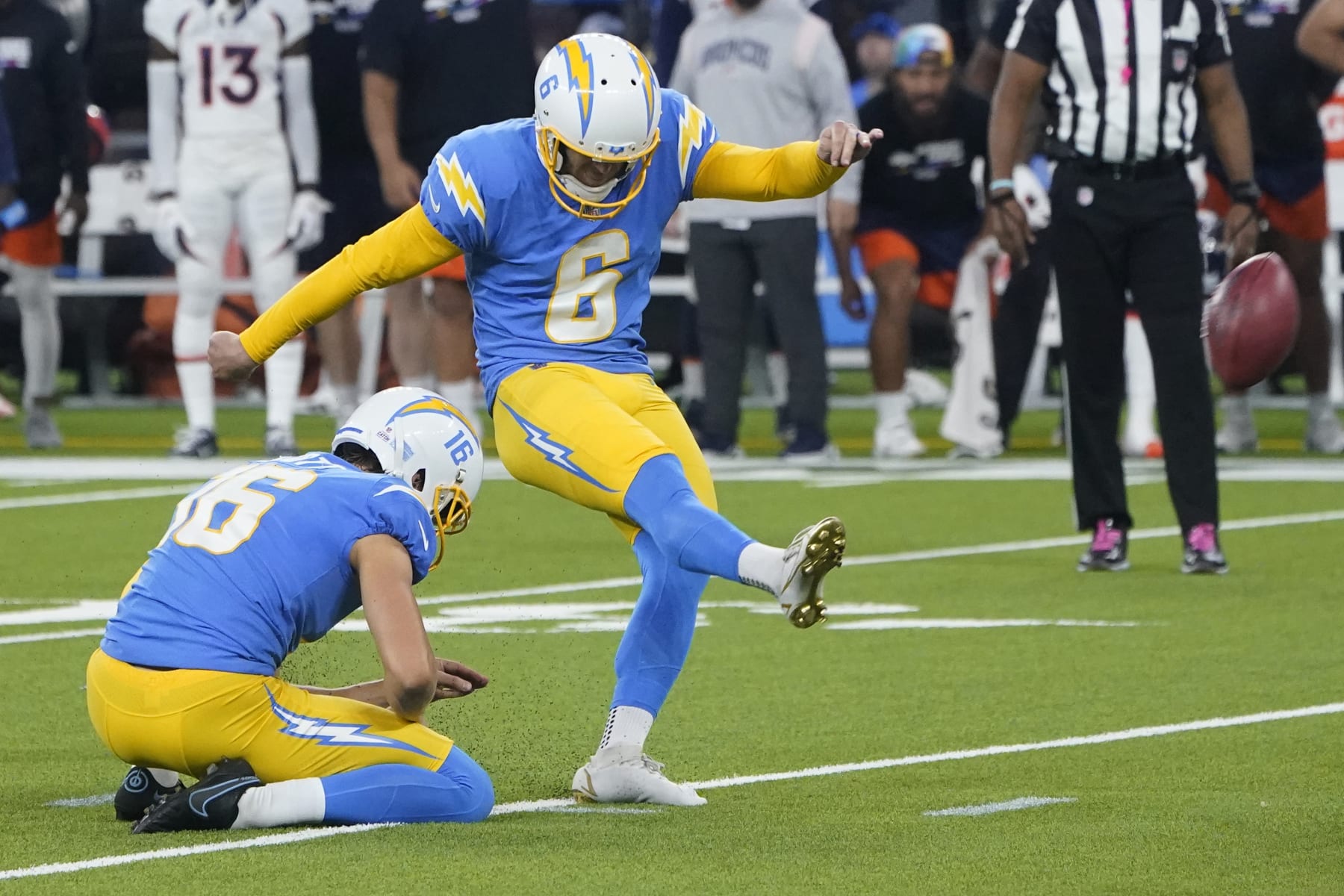Los Angeles Chargers place kicker Dustin Hopkins (6) kicks a field goal against the Denver Broncos during the second half of an NFL football game, Monday, Oct. 17, 2022, in Inglewood, Calif. (AP Photo/Marcio Jose Sanchez)