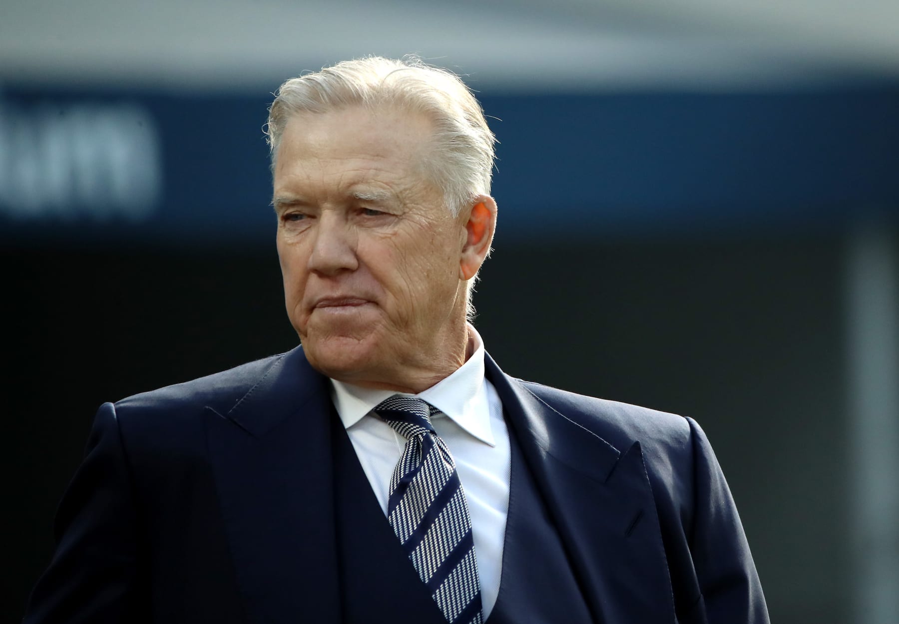 INGLEWOOD, CALIFORNIA - JANUARY 02: President of football operations John Elway of the Denver Broncos looks on during warm ups prior to the game between the Los Angeles Chargers and the Denver Broncos at SoFi Stadium on January 02, 2022 in Inglewood, California. (Photo by Katelyn Mulcahy/Getty Images)