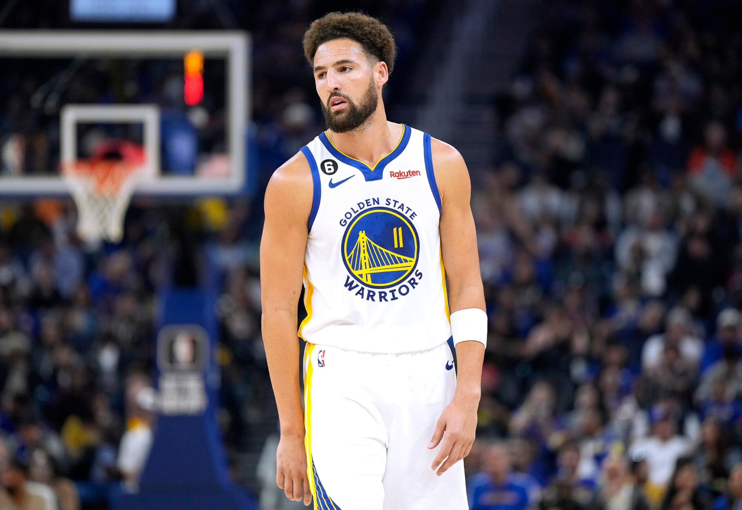 SAN FRANCISCO, CALIFORNIA - OCTOBER 14: Klay Thompson #11 of the Golden State Warriors looks on against the Denver Nuggets during the first half of an NBA basketball game at Chase Center on October 14, 2022 in San Francisco, California. NOTE TO USER: User expressly acknowledges and agrees that, by downloading and or using this photograph, User is consenting to the terms and conditions of the Getty Images License Agreement. (Photo by Thearon W. Henderson/Getty Images) SAN FRANCISCO, CALIFORNIA - OCTOBER 14: Klay Thompson #11 of the Golden State Warriors looks on against the Denver Nuggets during the first half of an NBA basketball game at Chase Center on October 14, 2022 in San Francisco, California. NOTE TO USER: User expressly acknowledges and agrees that, by downloading and or using this photograph, User is consenting to the terms and conditions of the Getty Images License Agreement. (Photo by Thearon W. Henderson/Getty Images)