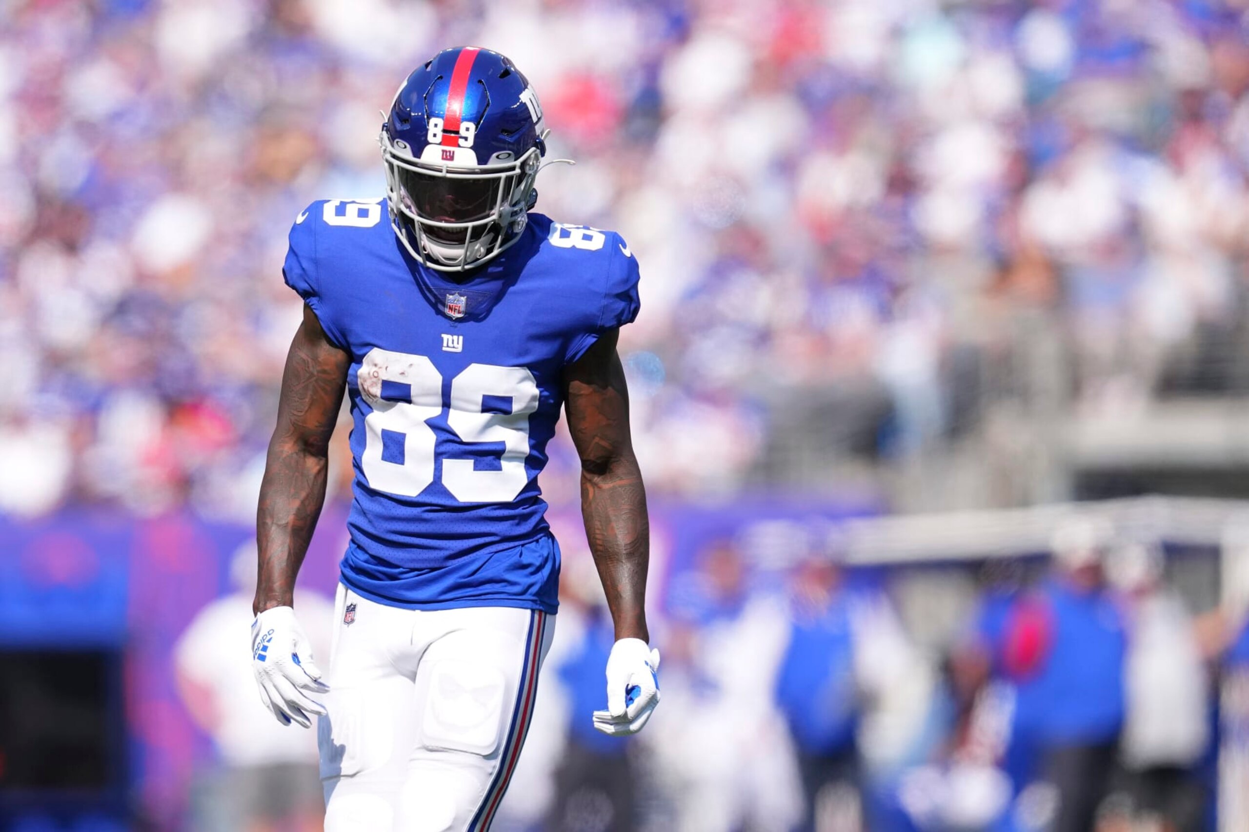 EAST RUTHERFORD, NJ - SEPTEMBER 18: Kadarius Toney #89 of the New York Giants looks on against the Carolina Panthers at MetLife Stadium on September 18, 2022 in East Rutherford, New Jersey. (Photo by Mitchell Leff/Getty Images)