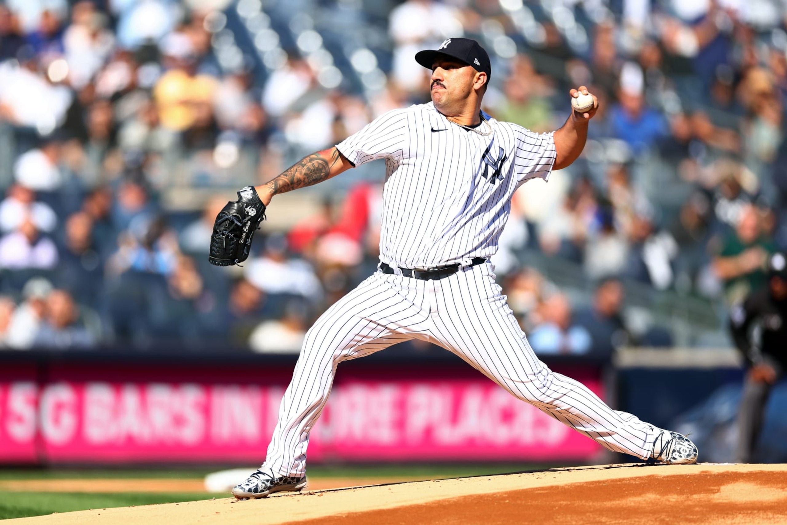NEW YORK, NEW YORK - OCTOBER 14: Nestor Cortes #65 of the New York Yankees pitches during the first inning against the Cleveland Guardians in game two of the American League Division Series at Yankee Stadium on October 14, 2022 in New York, New York. (Photo by Elsa/Getty Images)