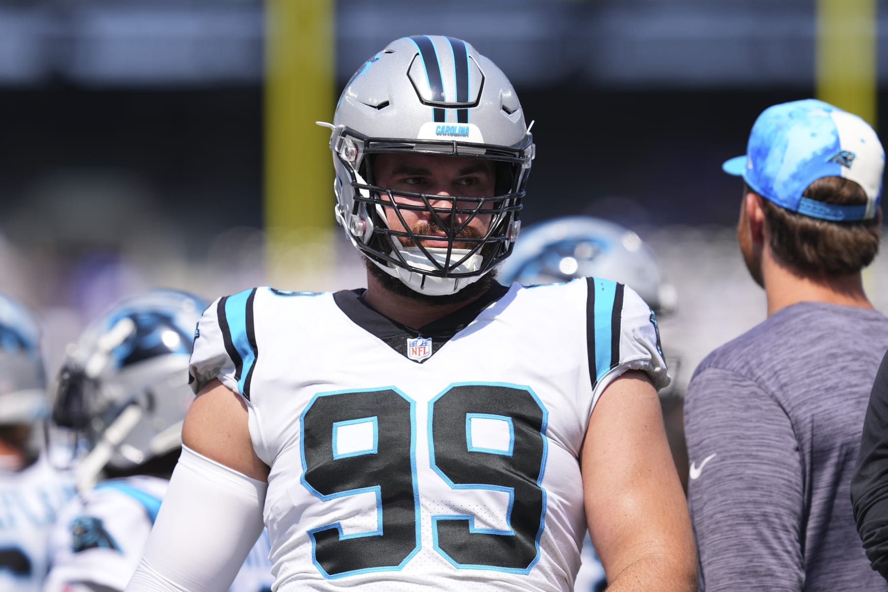 EAST RUTHERFORD, NJ - SEPTEMBER 18: Matt Ioannidis #99 of the Carolina Panthers looks on prior to the game against the New York Giants at MetLife Stadium on September 18, 2022 in East Rutherford, New Jersey. (Photo by Mitchell Leff/Getty Images)