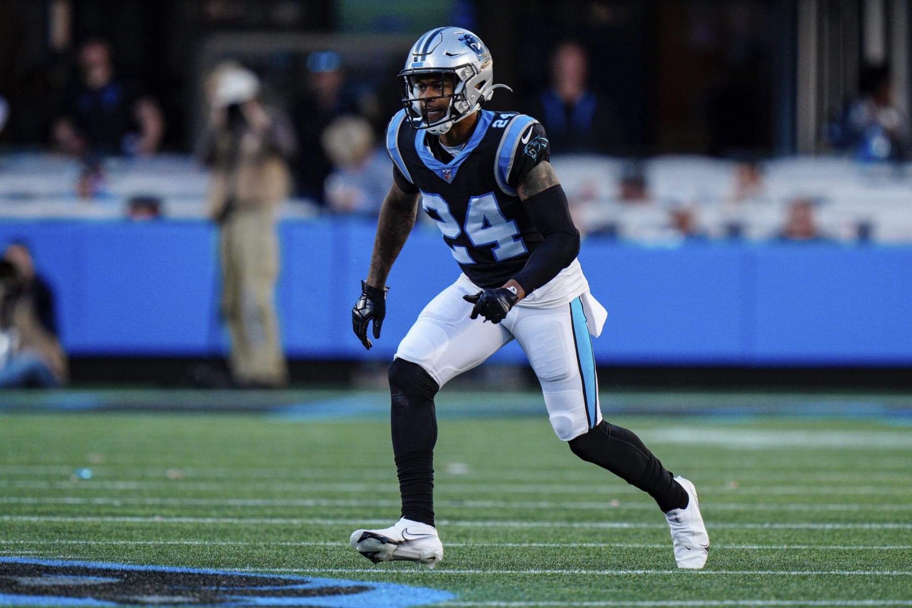 Carolina Panthers cornerback A.J. Bouye plays against the New England Patriots during the second half of an NFL football game Sunday, Nov. 7, 2021, in Charlotte, N.C. (AP Photo/Jacob Kupferman)