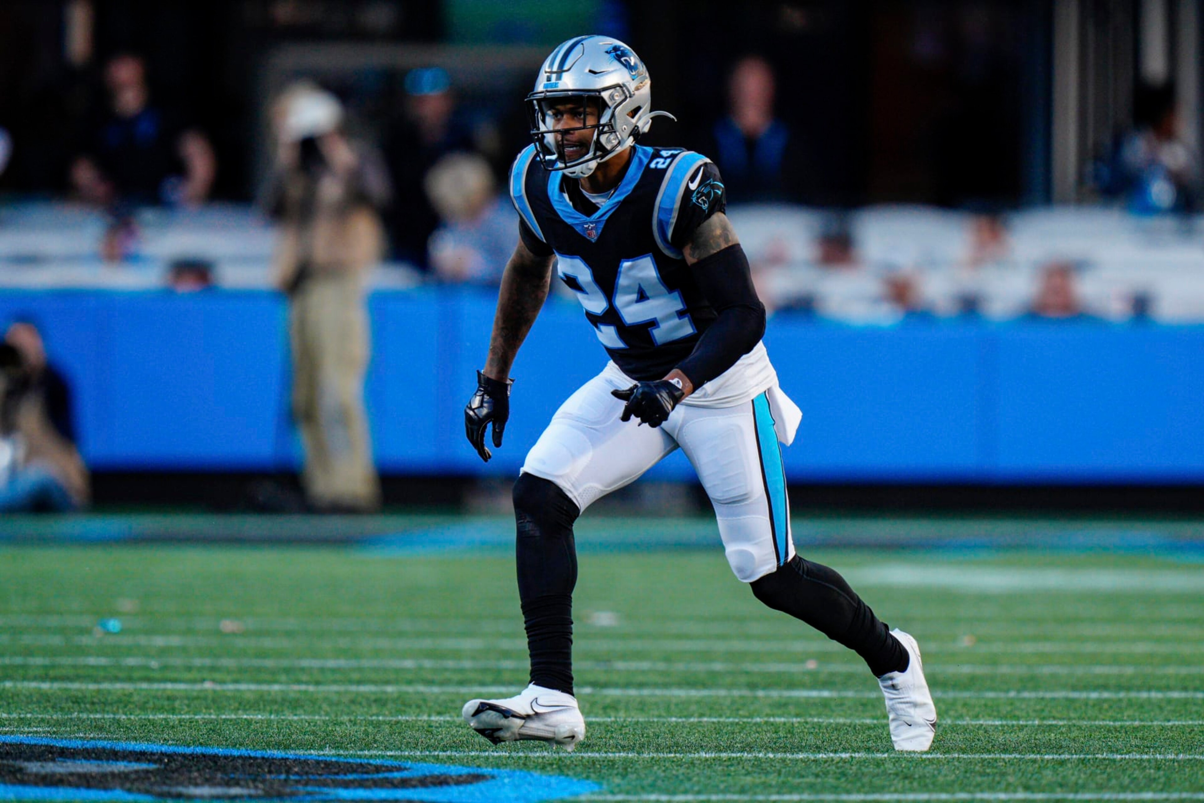 Carolina Panthers cornerback A.J. Bouye plays against the New England Patriots during the second half of an NFL football game Sunday, Nov. 7, 2021, in Charlotte, N.C. (AP Photo/Jacob Kupferman)